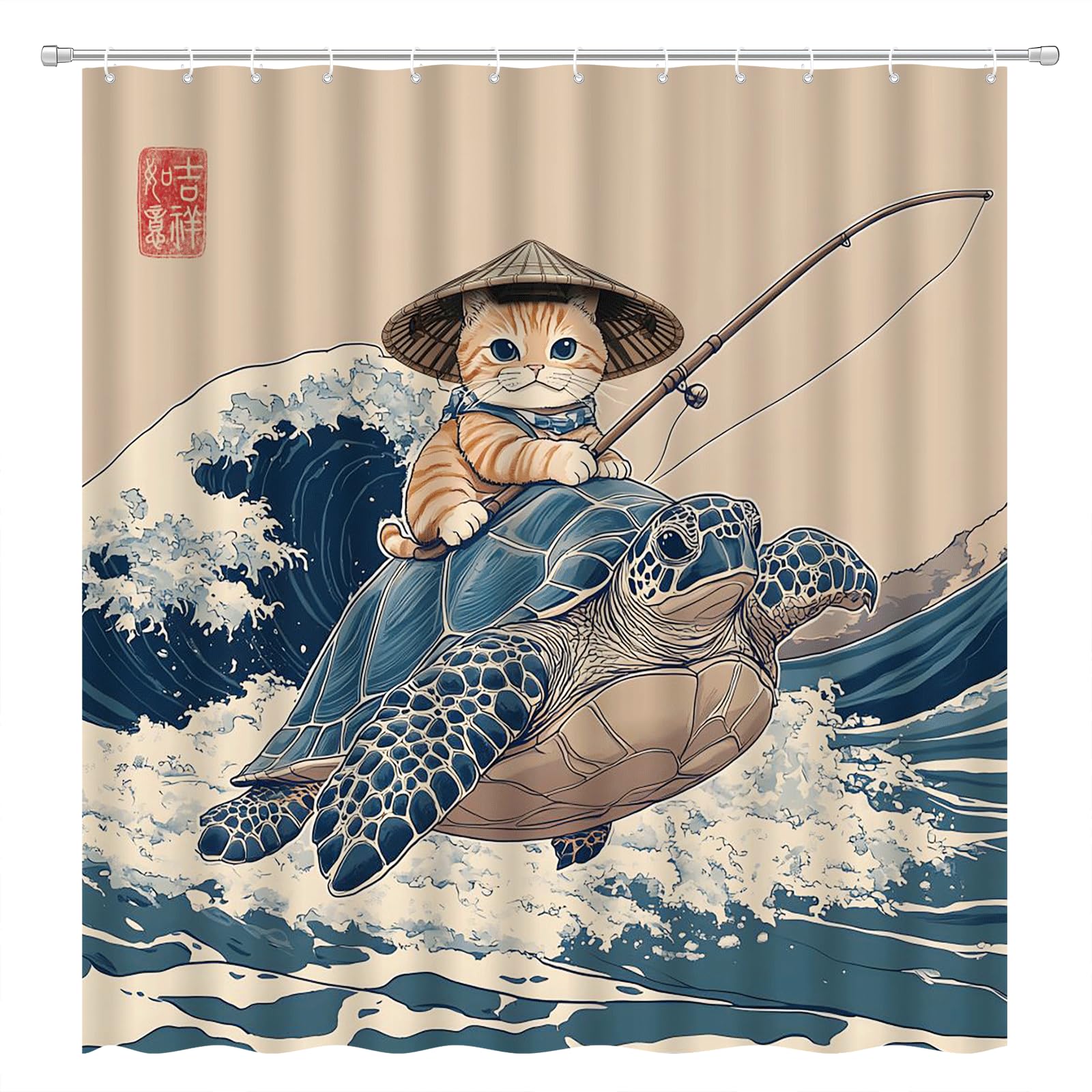 ZQANZQ Japanese Cat Shower Curtain Cute Cat Riding Turtle Vintage Blue Ocean Waves Asian Abstract Sea Animal Funny Bathroom Curtains Set with Hooks