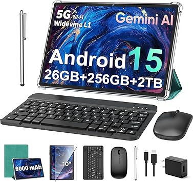 2026 10 Inch Tablet with Keyboard, Android 15 Tablet with Gemini AI, 24GB+256GB+2TB Expand, 2-in-1 Tablets with 8-Core, WiFi, 8000mAh, GMS, GPS, Electronic Tablets PC with Mouse, Case, StylusGreen