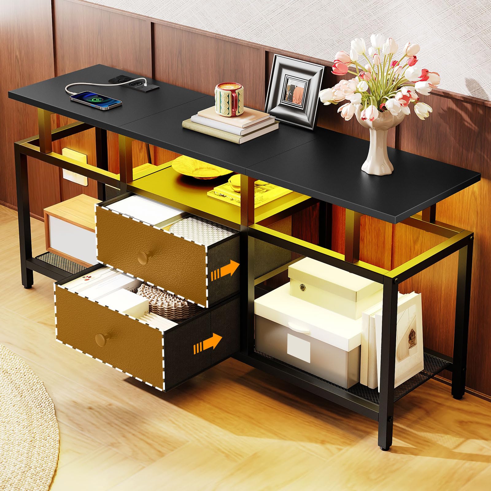 YATINEY Meuble TV Flottant, pour télé de 45'' Pouces maximale, Console Média avec Station de Charge et Ruban LED, 2 tiroirs, Centre de Divertissement pour Salon, Chambre, Noir XDS03CDBB