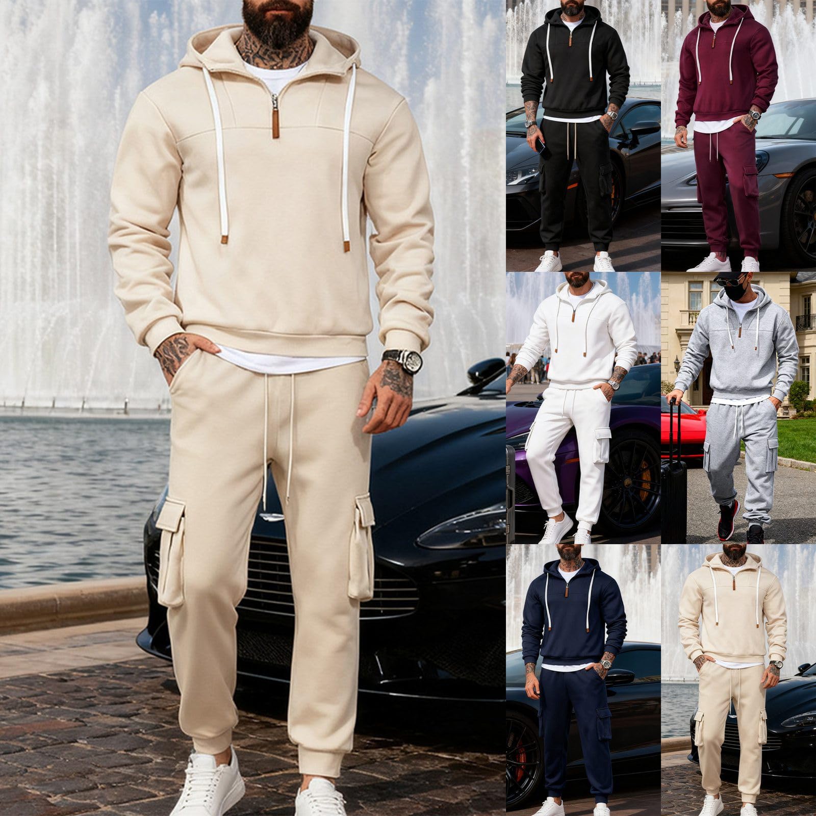 Generisch Chándal para hombre, traje de entrenamiento de 2 piezas, monocolor, juego de sudaderas con capucha con cremallera 1/4 y pantalones cargo, traje de deporte, traje de ocio, traje de invierno