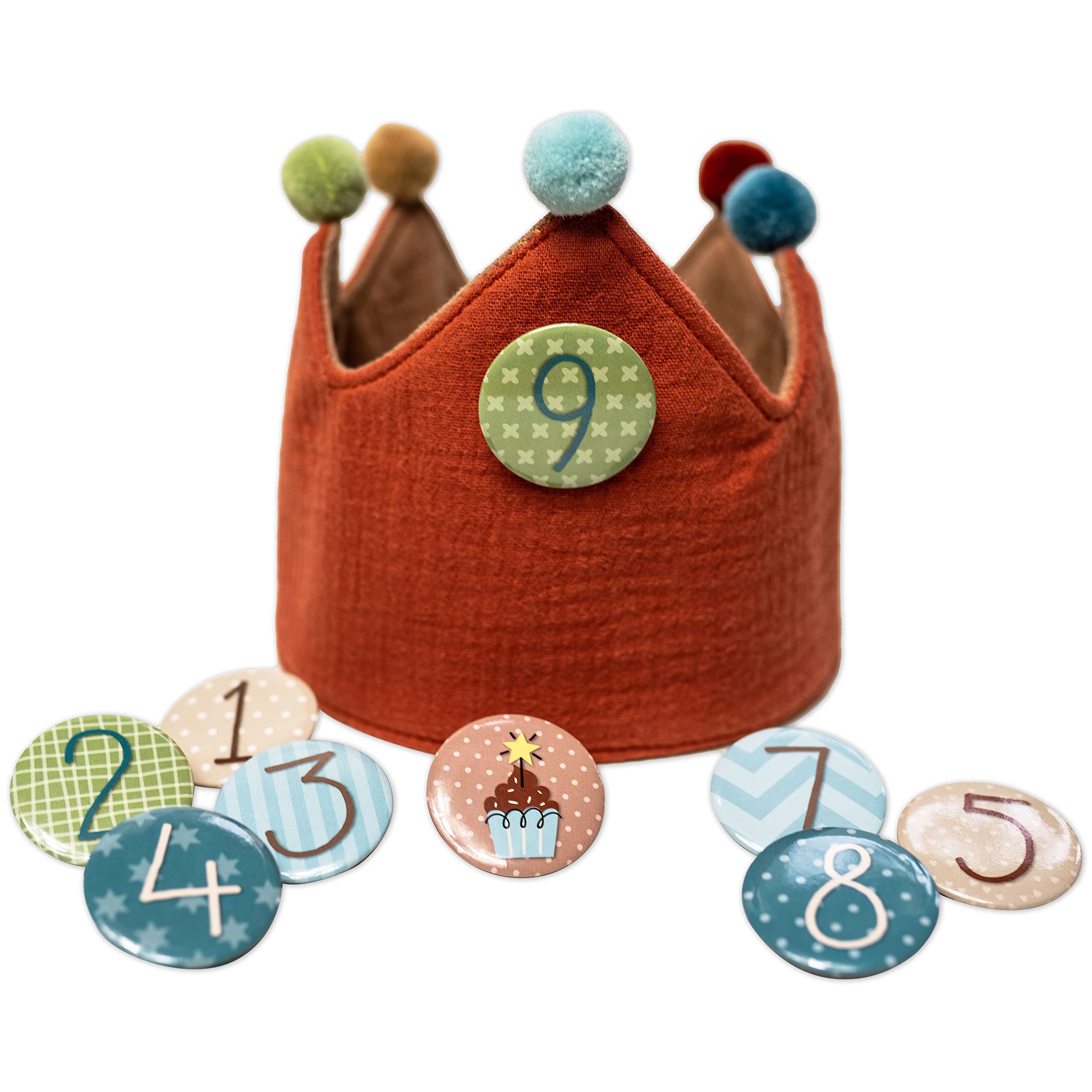 Papierdrachen Geburtstagskrone Musselin mit Zahlen - für den Kindergeburtstag - Krone aus Musselinstoff mit Button Zahlen von 1-8 | Party Deko Hut für Jungen & Mädchen