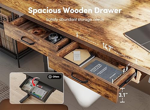 Miniatura 88 de FEZIBO Escritorio eléctrico de altura ajustable con cajón, tablero de 63 x 24 pulgadas, marco negro/parte superior negra Negro -,Luz rústica,Marrón