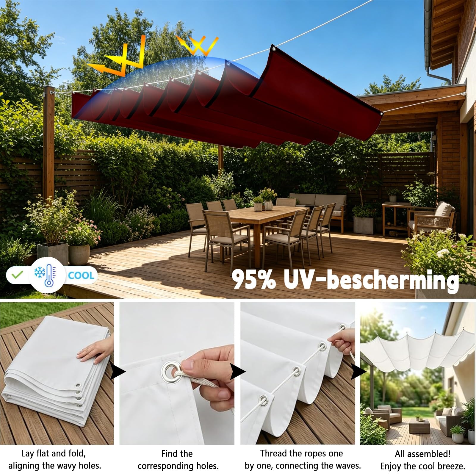 Toldo Retráctil de Onda 100 x 750 cm Impermeable Ondulada Toldos Exterior Protección Rayos UV Resistente Al Desgarro con Ojales y Cuerdas para Jardín Porche Patio Barbacoa, Vino Tinto