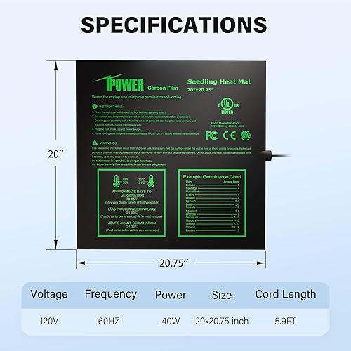 Vista 6 de iPower Tapete térmico de siembra de 20 x 20.75 pulgadas, película de carbono mejorada, almohadilla de inicio de germinación hidropónica cálida