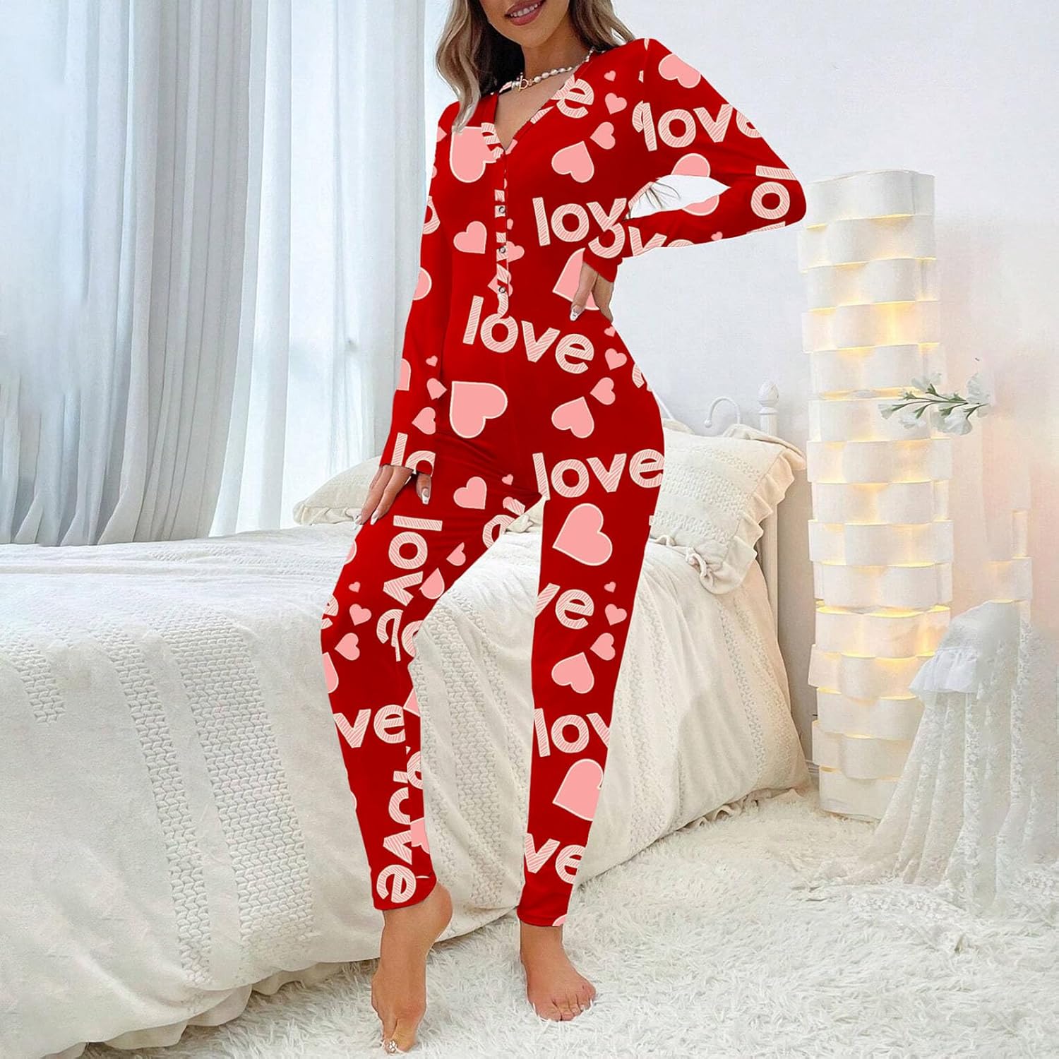 Women Heart Print Jumpsuit Pajamas Long Sleeve V Neck Bodycon Bodysuit Romper Sleepwear One Piece Outfits - Image 2