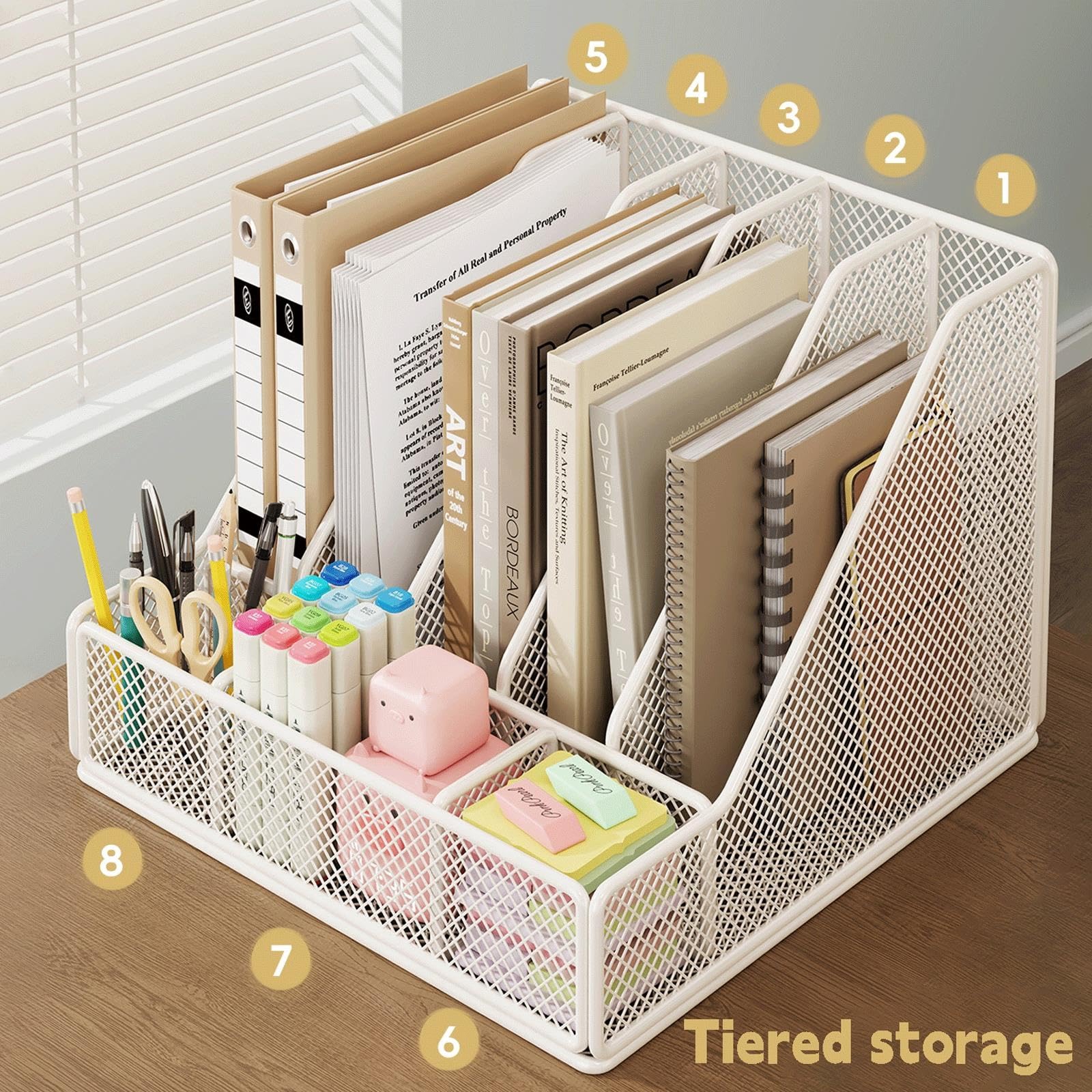 Organizer per documenti in metallo A4, 5 scomparti verticali per riviste, organizer da scrivania con portamatite per ufficio, scuola(White)