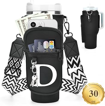LOKASS Personalized for Stanley Cup Accessories 30oz, Initial Stanley Cup Holder with Strap, Cup Carrier Bag Water Bottle Holder with Phone Pocket Gifts for Women,Girls,Travel,Walking,Work