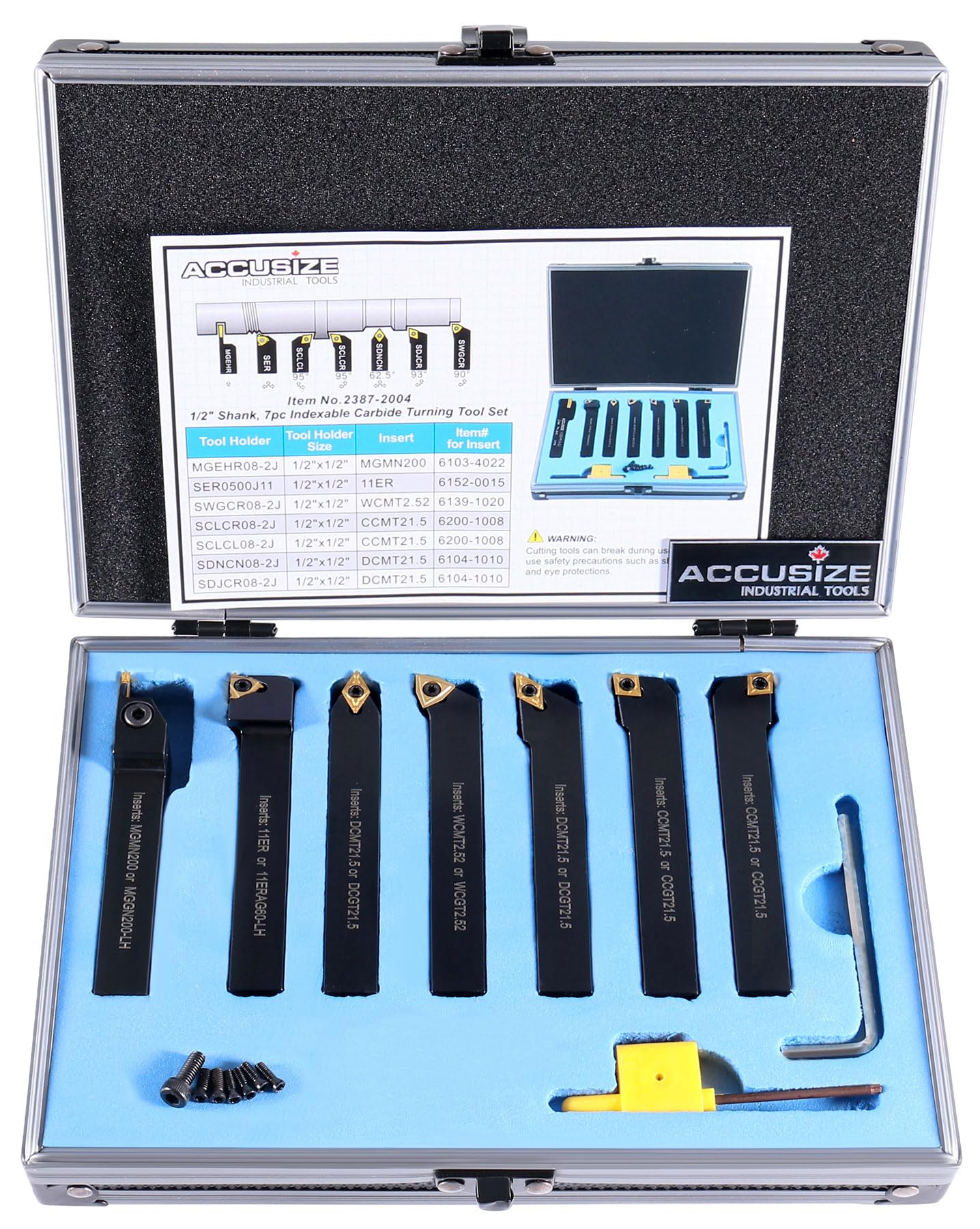 Accusize Industrial Tools 7-Ps Indexable Carbide Turning Tool Set, 1/2" Shank, C6 Grade TiN Coated Inserts, in Fitted Aluminum Case, 2387-2004