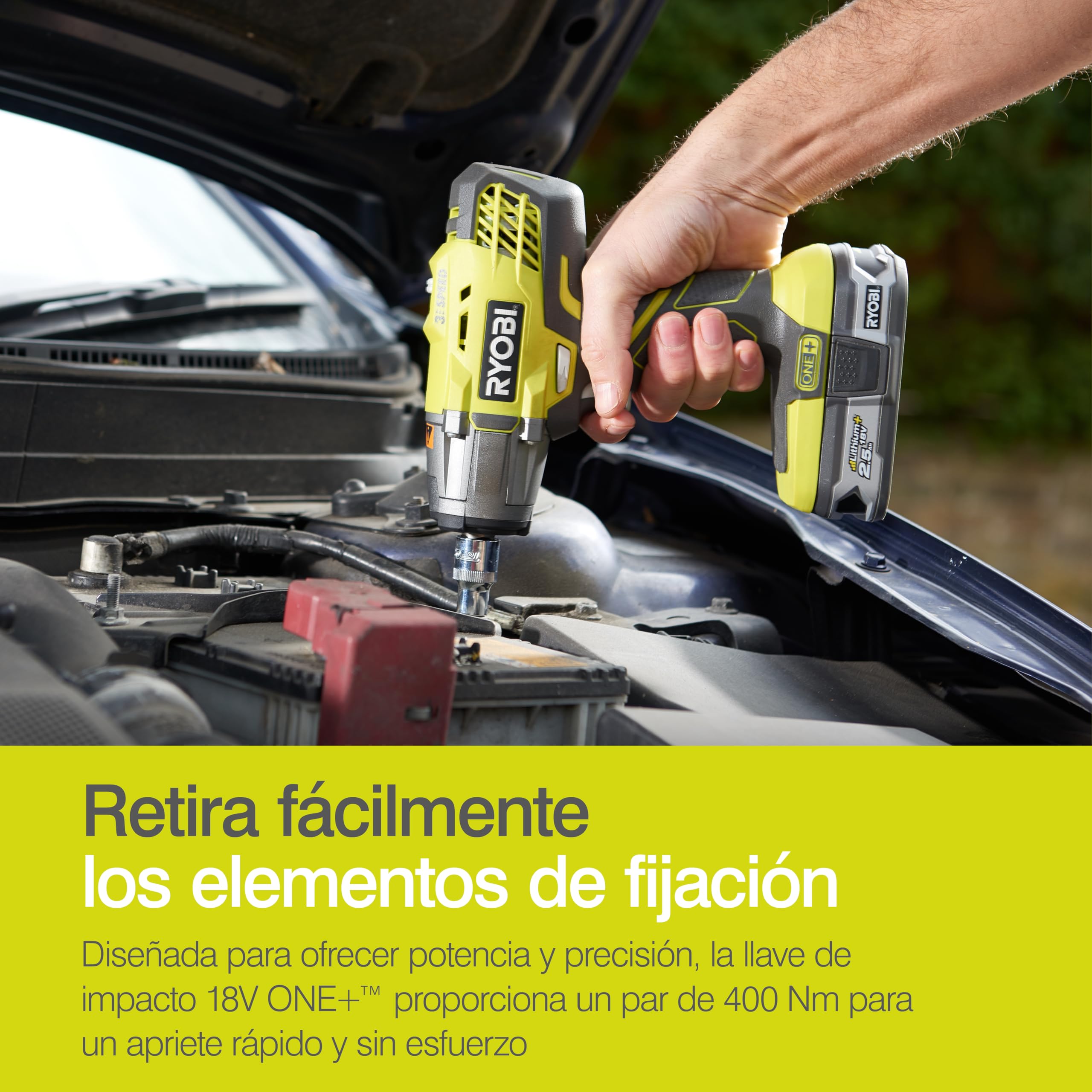 Ryobi - Llave de Impacto Eléctrica Sin Cable 18V ONE+ 400Nm - 3 Velocidades y 3 Pares de Apriete - Accesorio de Fijación Cuadrado 1/2" y Adaptador Hexagonal 1/4" - Inversor de Rotación - R18IW3-0