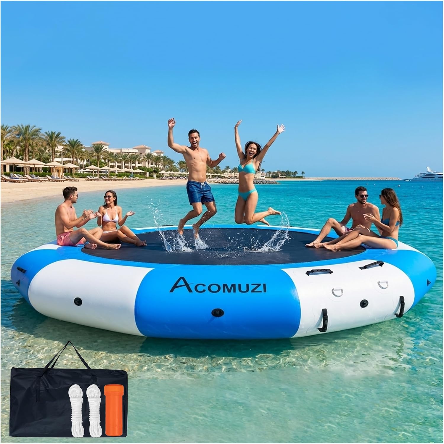 6/10/15FT Inflatable Water Trampoline for Lake Floating Trampoline | Heavy Duty Design with D Rings, Ladder & Ropes, Suitable for Lake Pool Ocean, No Pump Included