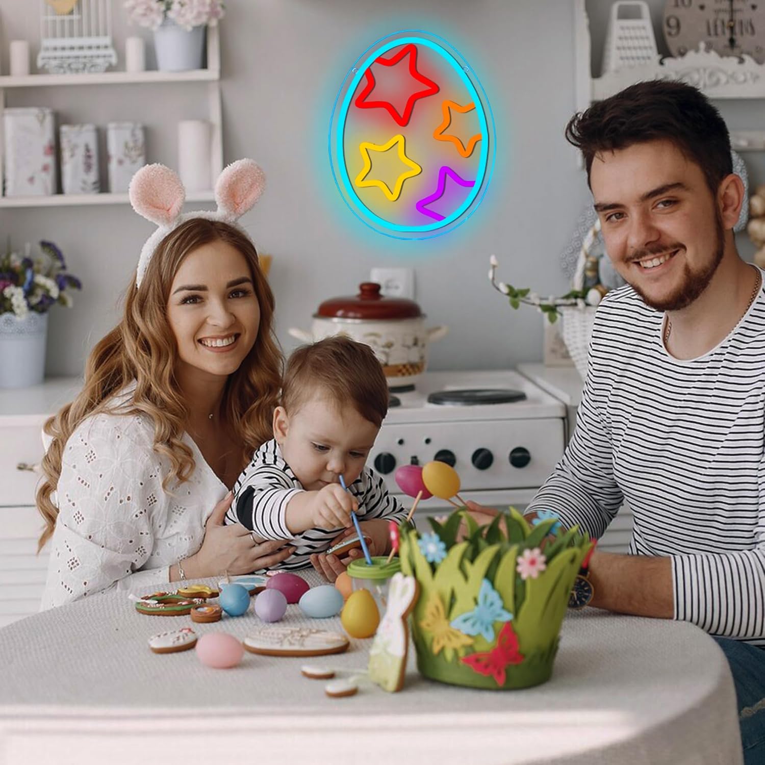 Abooly Egg Neon Light Happy Easter Decor - Dimmable Colorful Easter Egg Neon Light, LED Neon Sign USB Power for Bedroom Party Study Baby Man Cave Gift(9 * 11.8in)