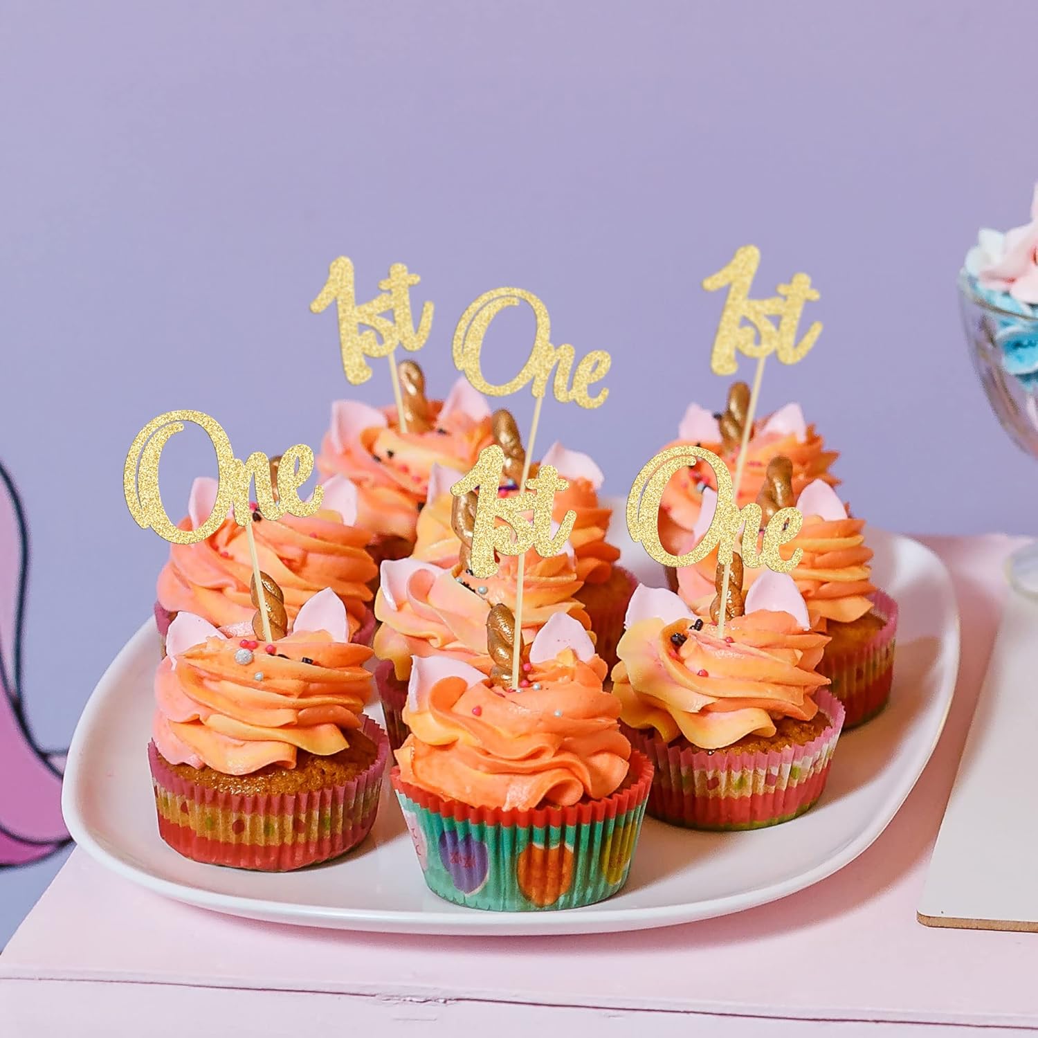 Gyufise 24Pcs 1st Birthday Cupcake Toppers Glitter One Cake Toppers First Birthday One Cupcake Picks for Baby Shower 1st Birthday Party Cake Decorations Supplies Gold - Image 7