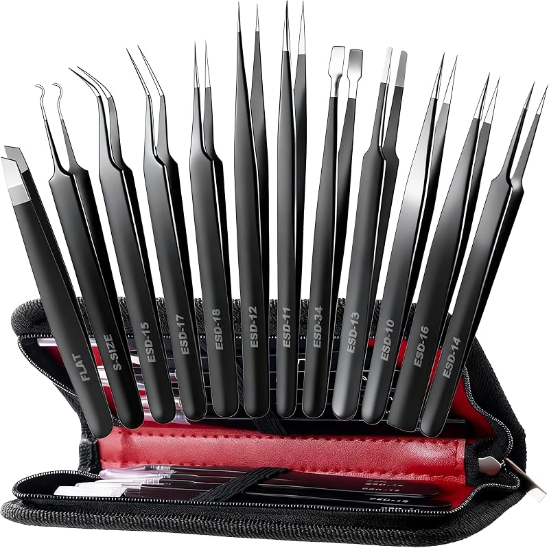 Antonki 12-in-1 Precision Metal Tweezers Set with Leather Case | High Quality, 1.5mm Thick, Strong Hardness, Rustproof, Anti-Static, Tips Cover, Complete Set, Portable Design