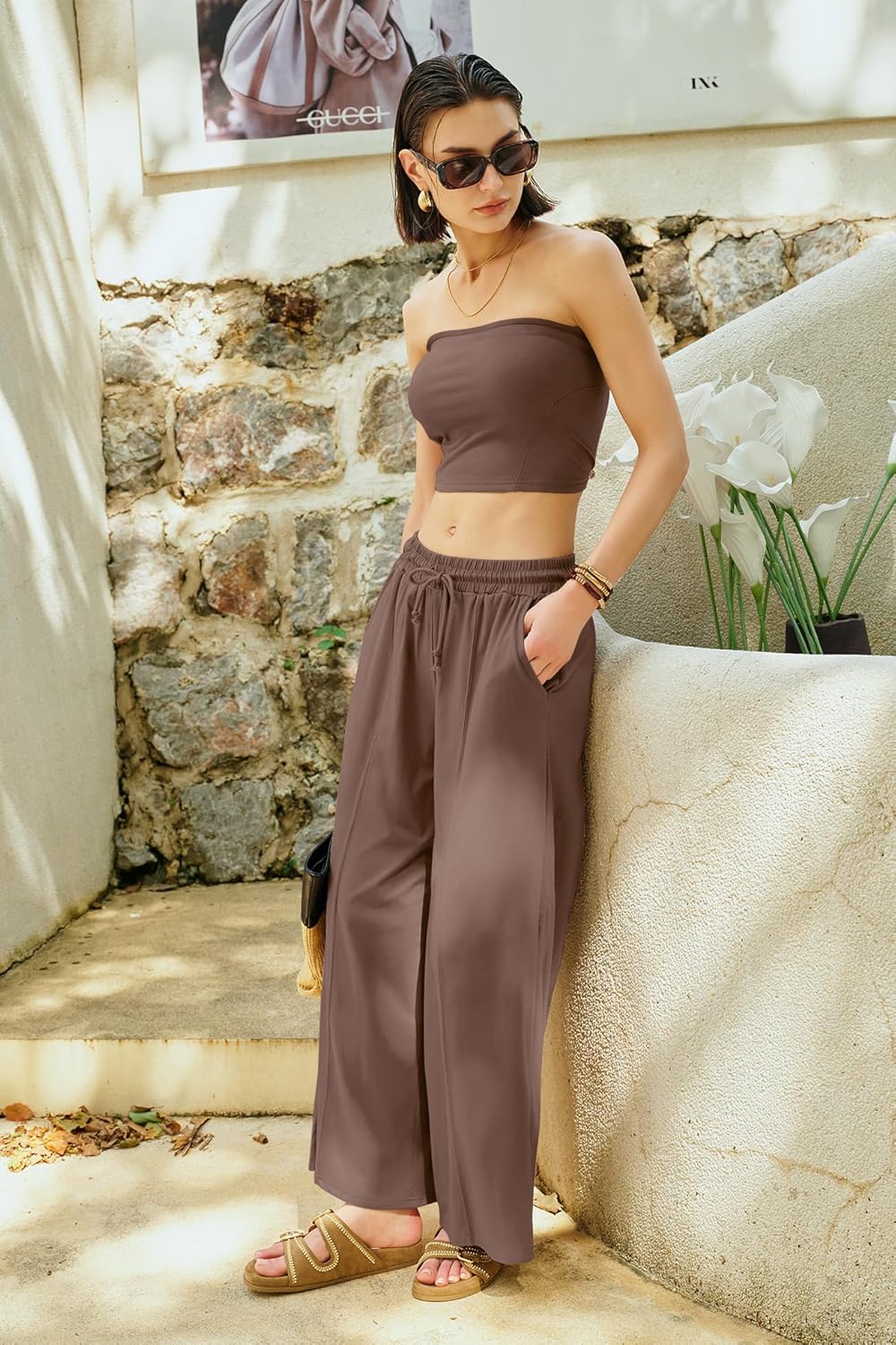 Panadila Womens Summer Lounge Sets 2 Piece Outfits Tube Top and Wide Leg Pants Matching Set Beach Vacation Clothes - Image 3