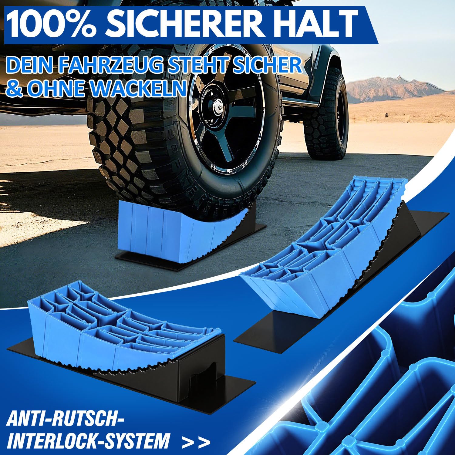 Lot de 2 cales de levage pour camping-car 13,5 t - 8 niveaux de compensation de hauteur de 2 à 10 cm - Double système antidérapant en polyéthylène haute densité - Avec tapis en caoutchouc et niveau à