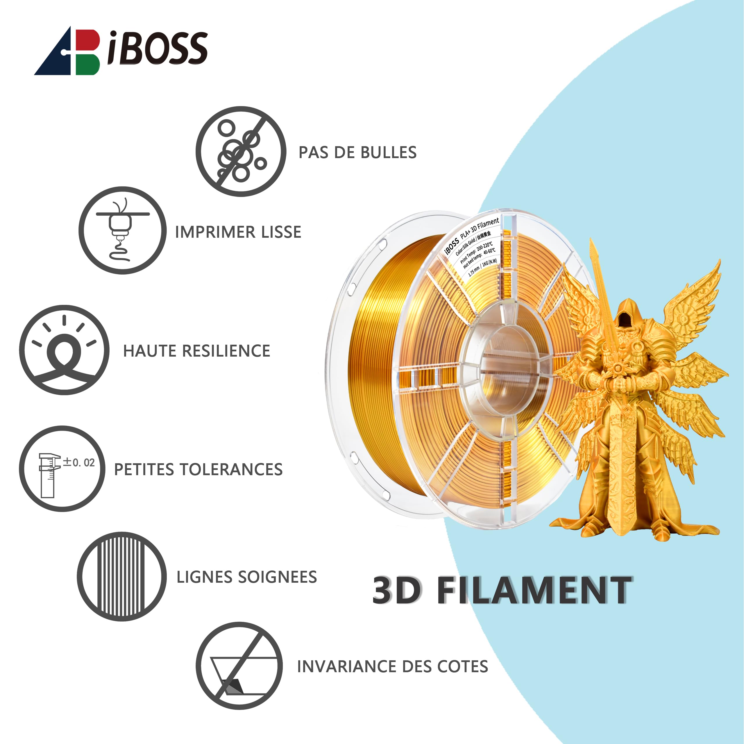 iBOSS PLA Plus (PLA+) Shiny Silk 3D Printer Filament 1,75 mm Silk PLA + 1,75 Dimension Accuracy +/- 0,02 mm, Bobine de 1 kg (2,2 kg) pour imprimante 3D FDM (Silk Gold)