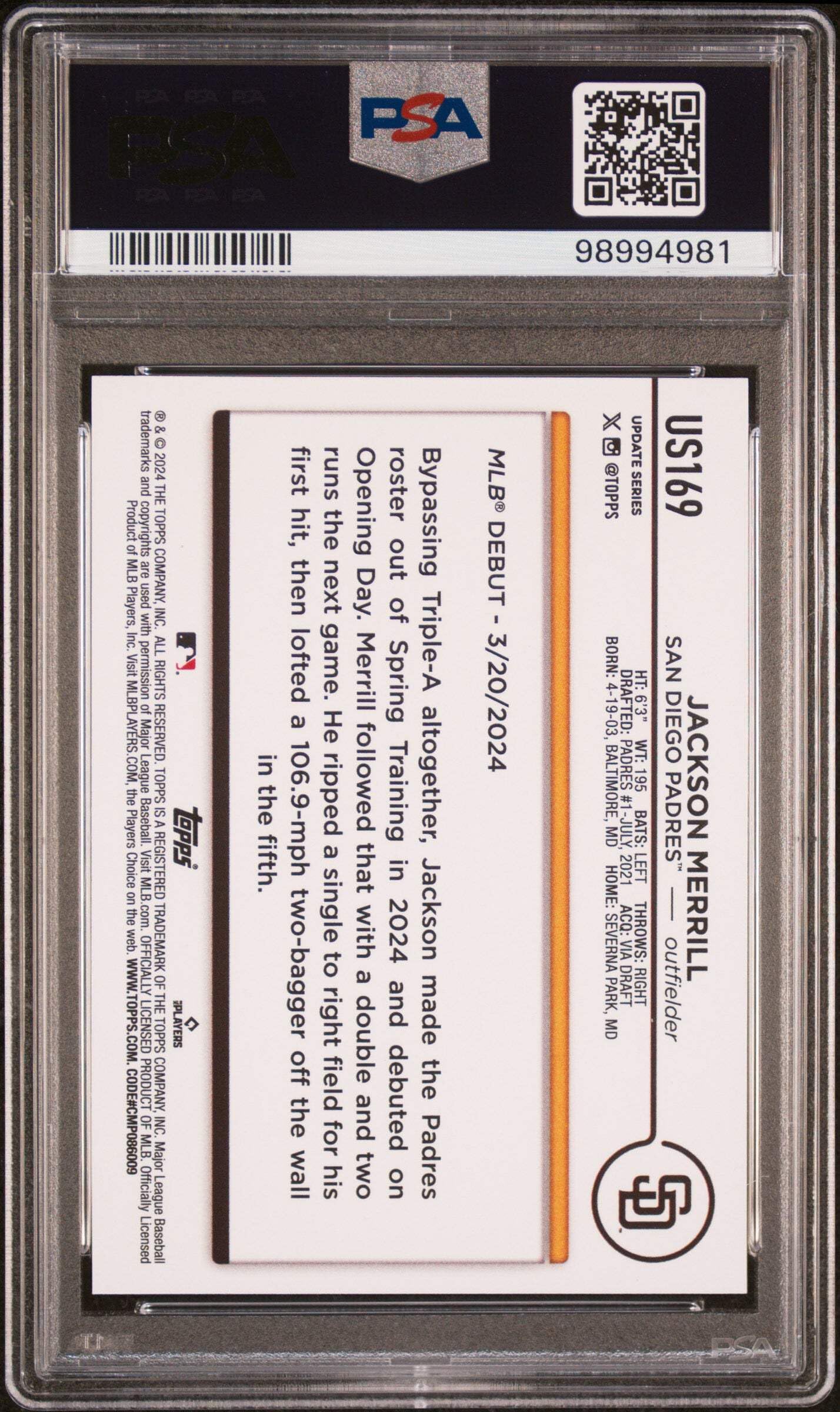 Amazon.com: Graded 2024 Topps Update Jackson Merrill #US169 Rookie 