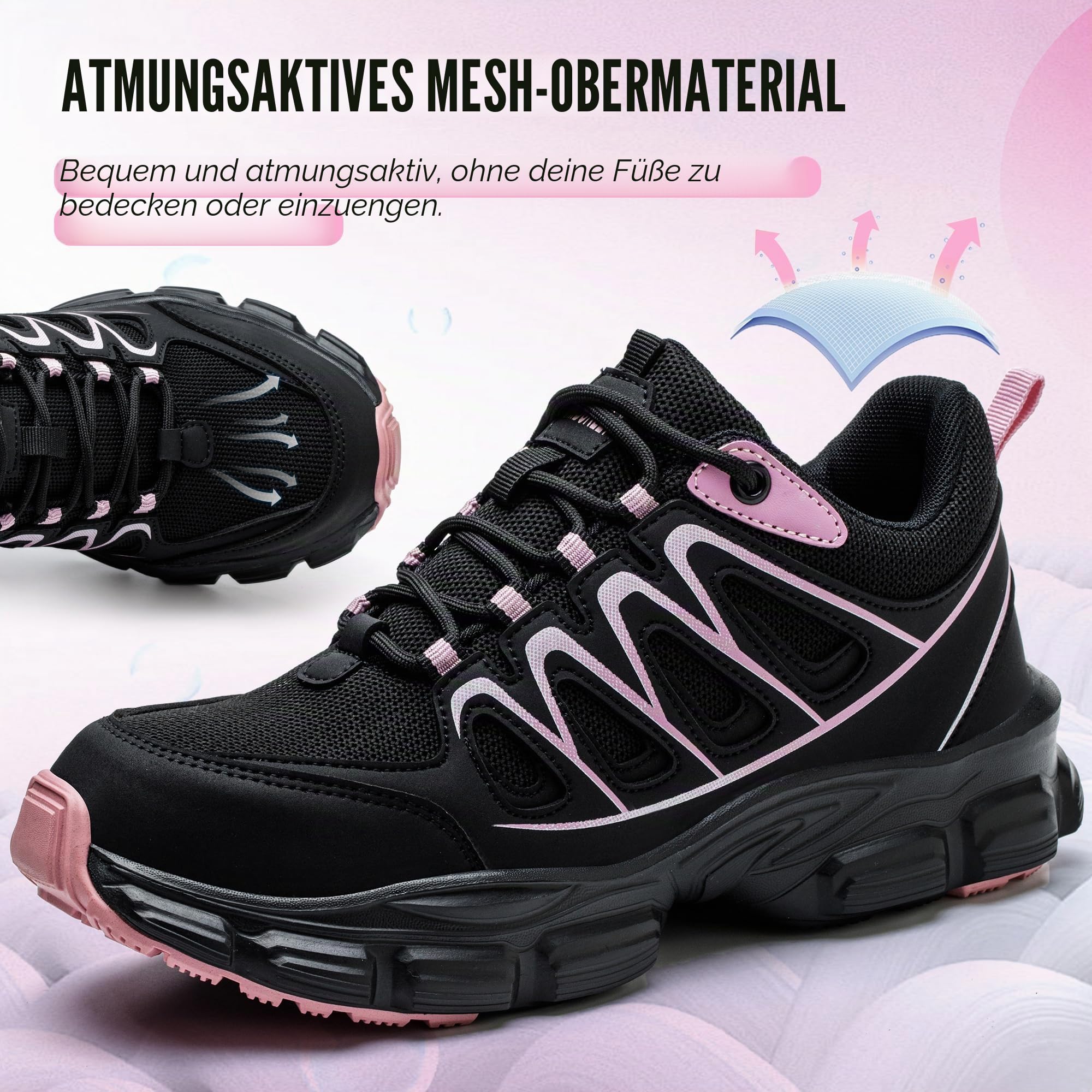 Sicherheitsschuhe für Damen, Stahlkappe, Sneaker, Arbeitssicherheitsschuhe, leicht, atmungsaktiv, Industrie-Sneaker, rutschfest, pannensicher, schwarz/pink, 39 EU