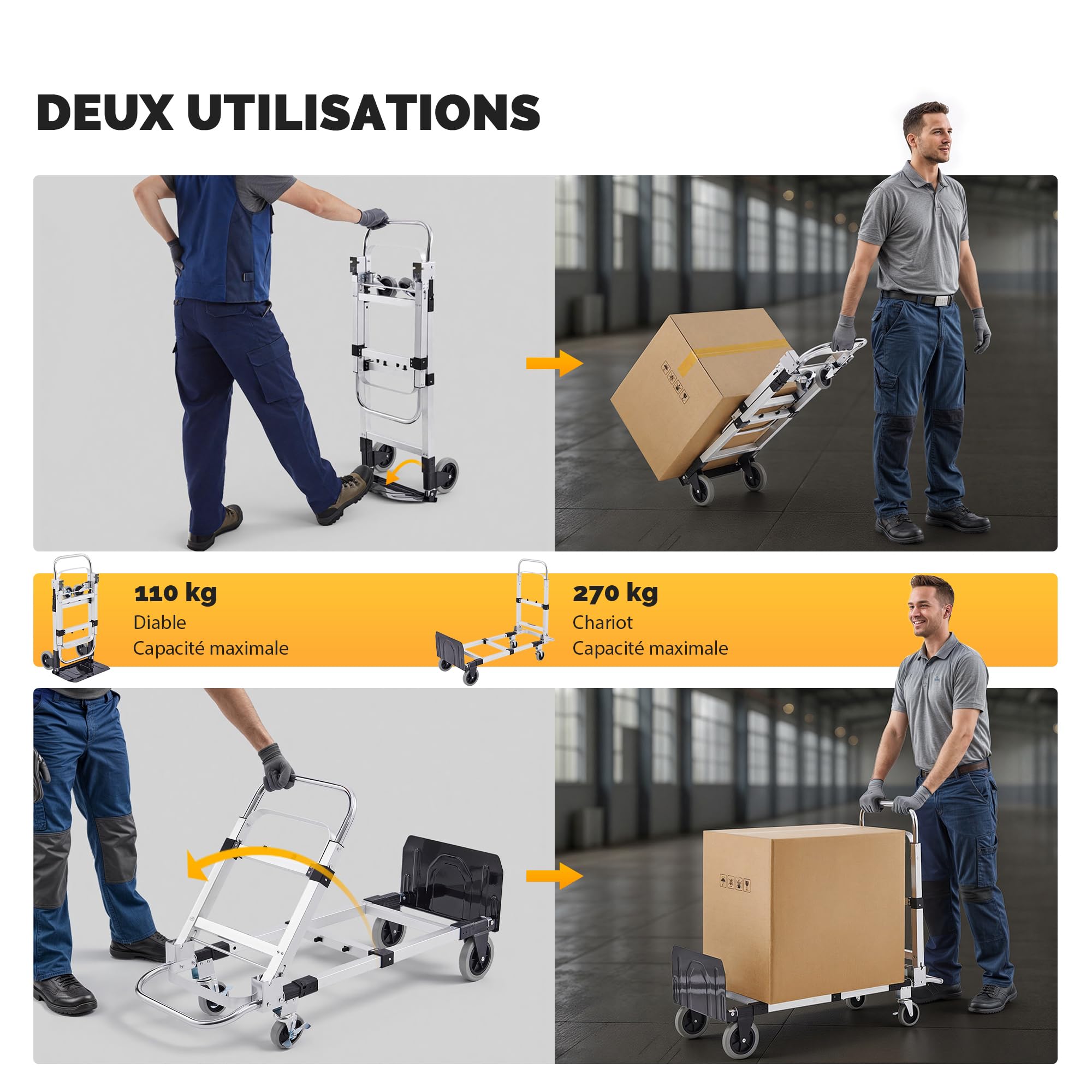 CREWORKS 2 en 1 Diable Pliable Chariot de Déménagement Convertible, Charge 110kg/270kg Hauteur Réglable, Roues Pivotantes Verrouillables, en Alliage d'Aluminium