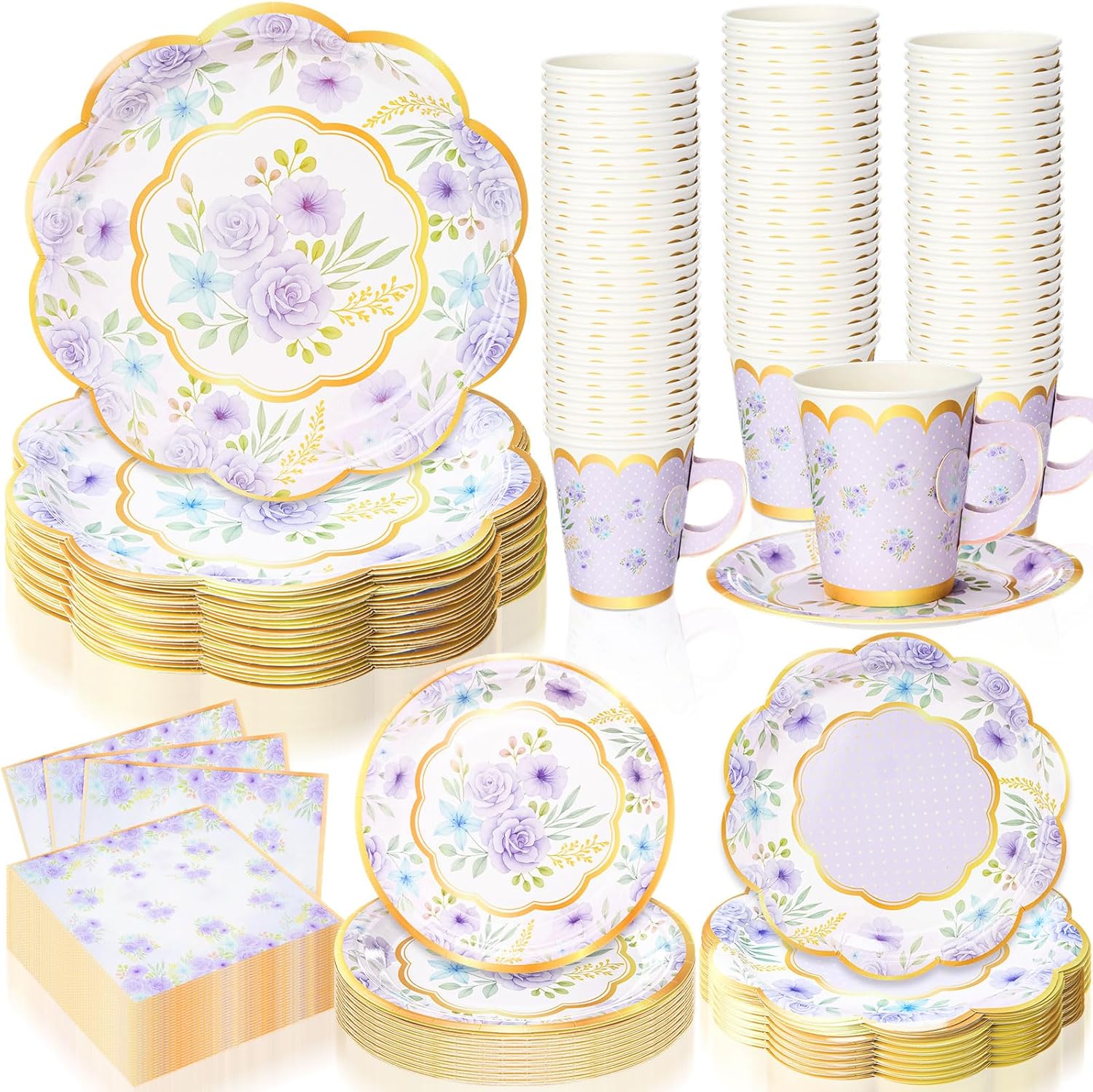 Honeydak 250 Pcs Floral Tea Party Disposable Cups and Saucers Set with 50 Guests Floral Tea Cups, 9' & 7' Plates, Saucers & Napkins for Garden, Birthday, Wedding (Purple Flowers)