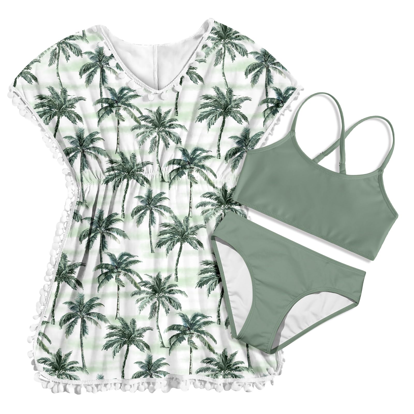 Goodstoworld 7-12Y Girls 3 Piece Cover Up Swimsuit Hawaiian Bikini Bathing Suit with Pompom Tassel