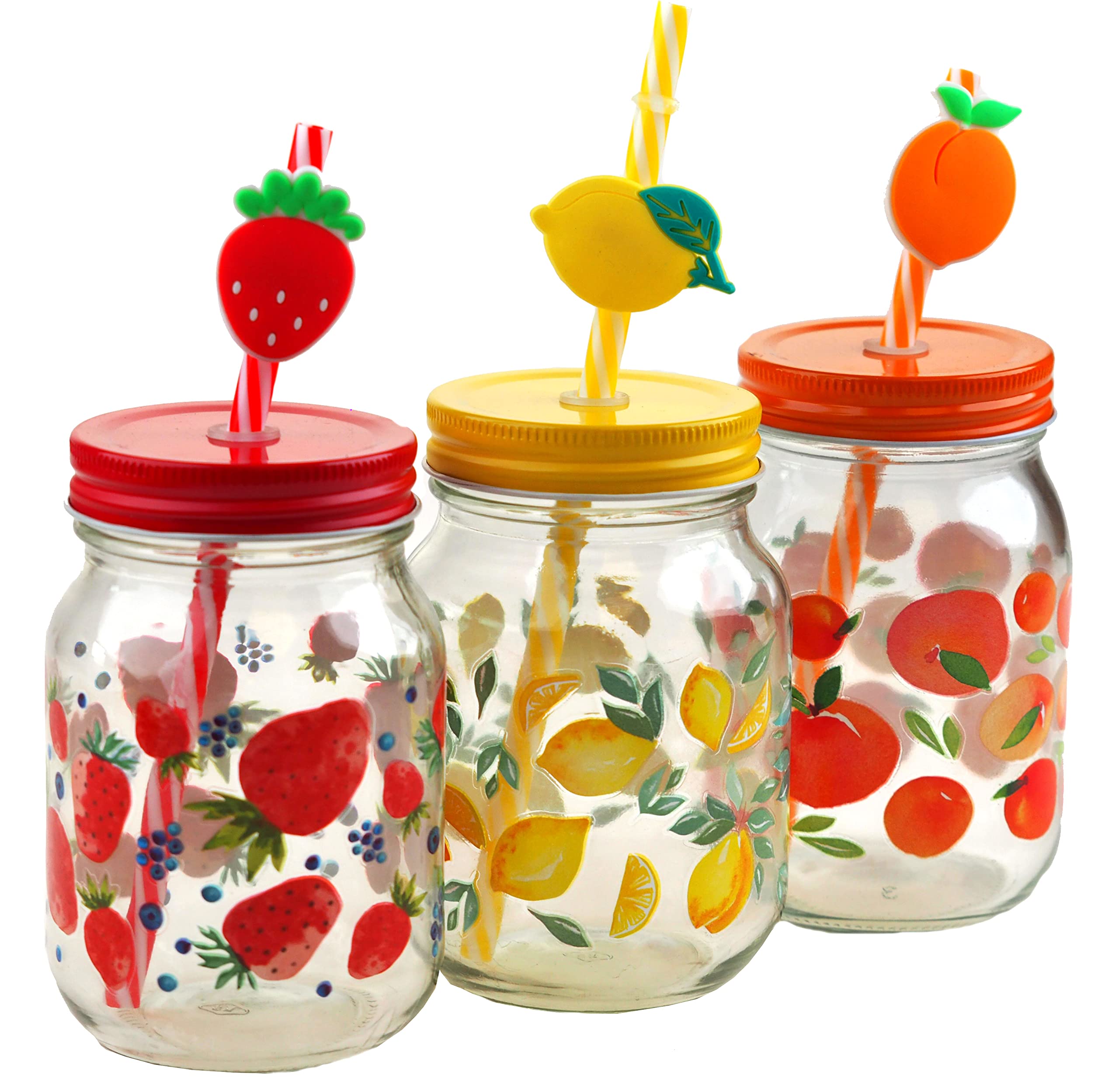 Bwg Orange Glass Drinking Mason Jars W/Lid & Straw - Strawberry, Lemon, (Set Of 3)