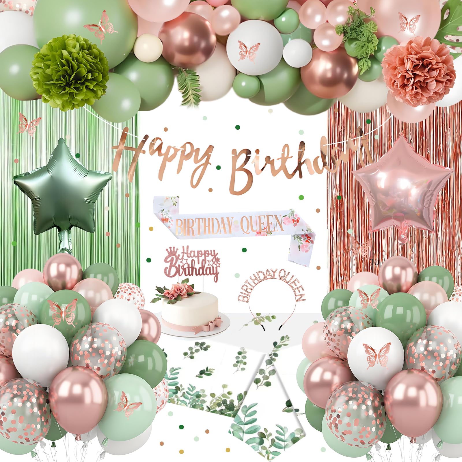 Sage Green and Rose Gold Birthday Party Decorations with Happy Birthday Banner, Green White Rose Gold Foil Balloons, Tablecloth, Fringe Curtain, Sash and Crown, Butterfly for Women Girls Princess
