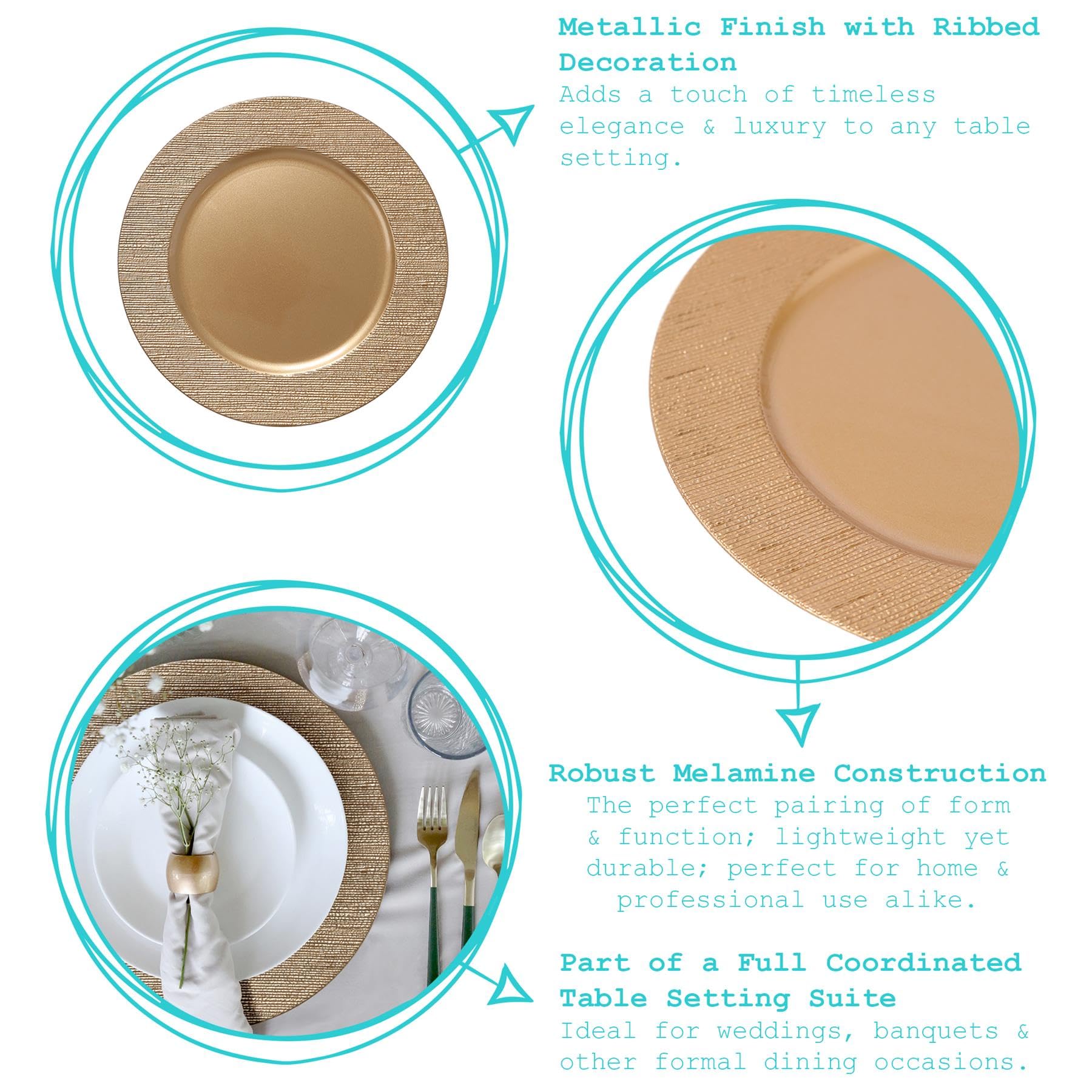 Argon Tableware Assiettes de Présentation Rondes - 33cm - Côte d'Or - 6x Réutilisable Dur Plastique Mise en Place de la Table du Dîner Mariage Fête Décor Décoratif Service Vaisselle Sets de Table