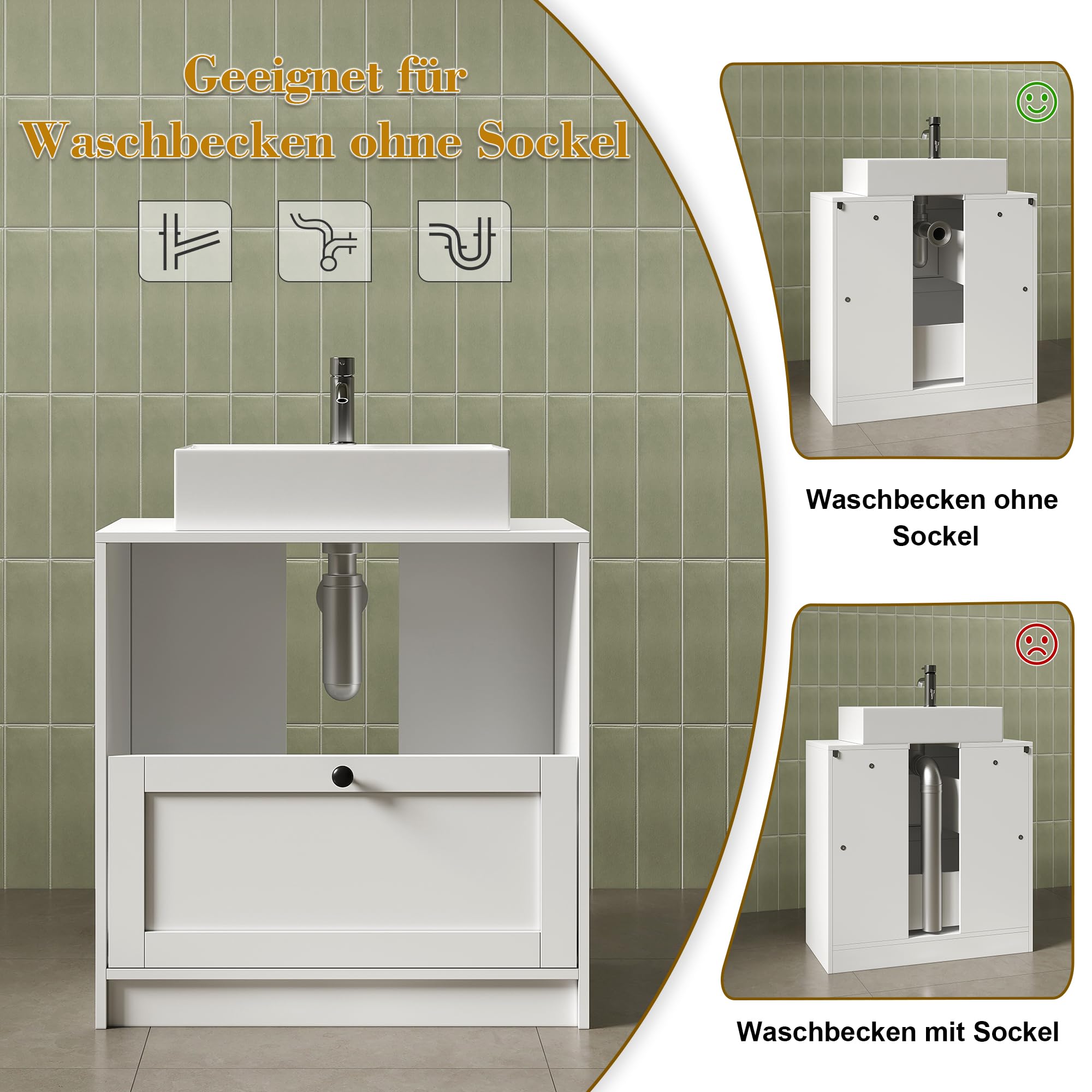 Waschbeckenunterschrank Schubladen, Unterschrank Waschbecken Weiß, Waschbeckenunterschrank 60 cm breit, Badezimmer Unterschrank Waschbecken, 60 x 30 x 60 cm, Weiß