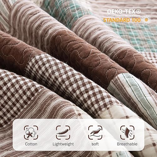 Miniatura 5 de Y-PLWOMEN Colchas a cuadros tamaño Queen  Colcha de 100% algodón con 2 fundas de almohada, juego de ropa de cama acolchado ligero y transpirable,