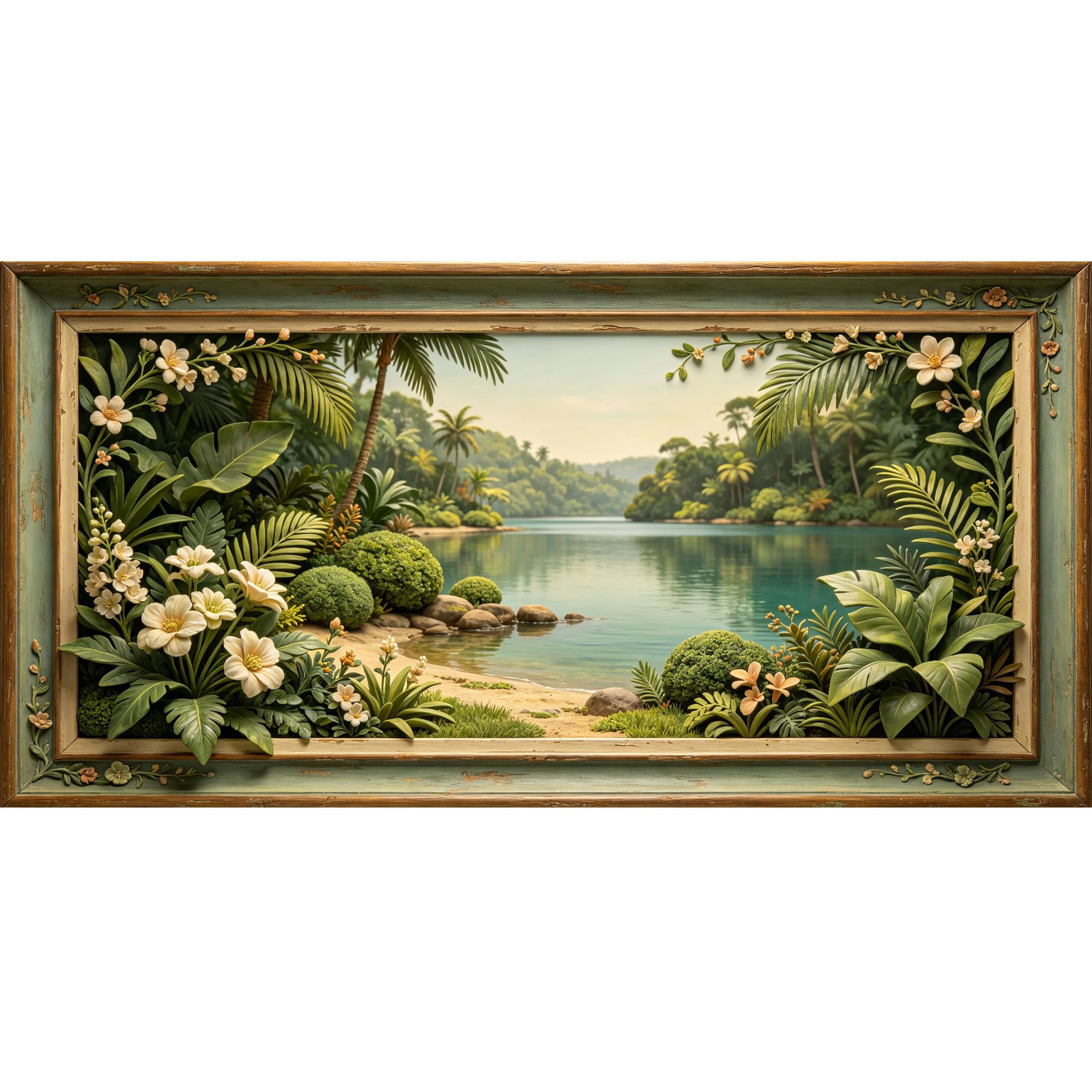 Agglomerix 3D Framed Wall Art Tropical Lake Coastline Botanical Relief Effect Large Size SelfAdhesive Removable Wall Decor Prints Artwork for Living Room Bedroom Office