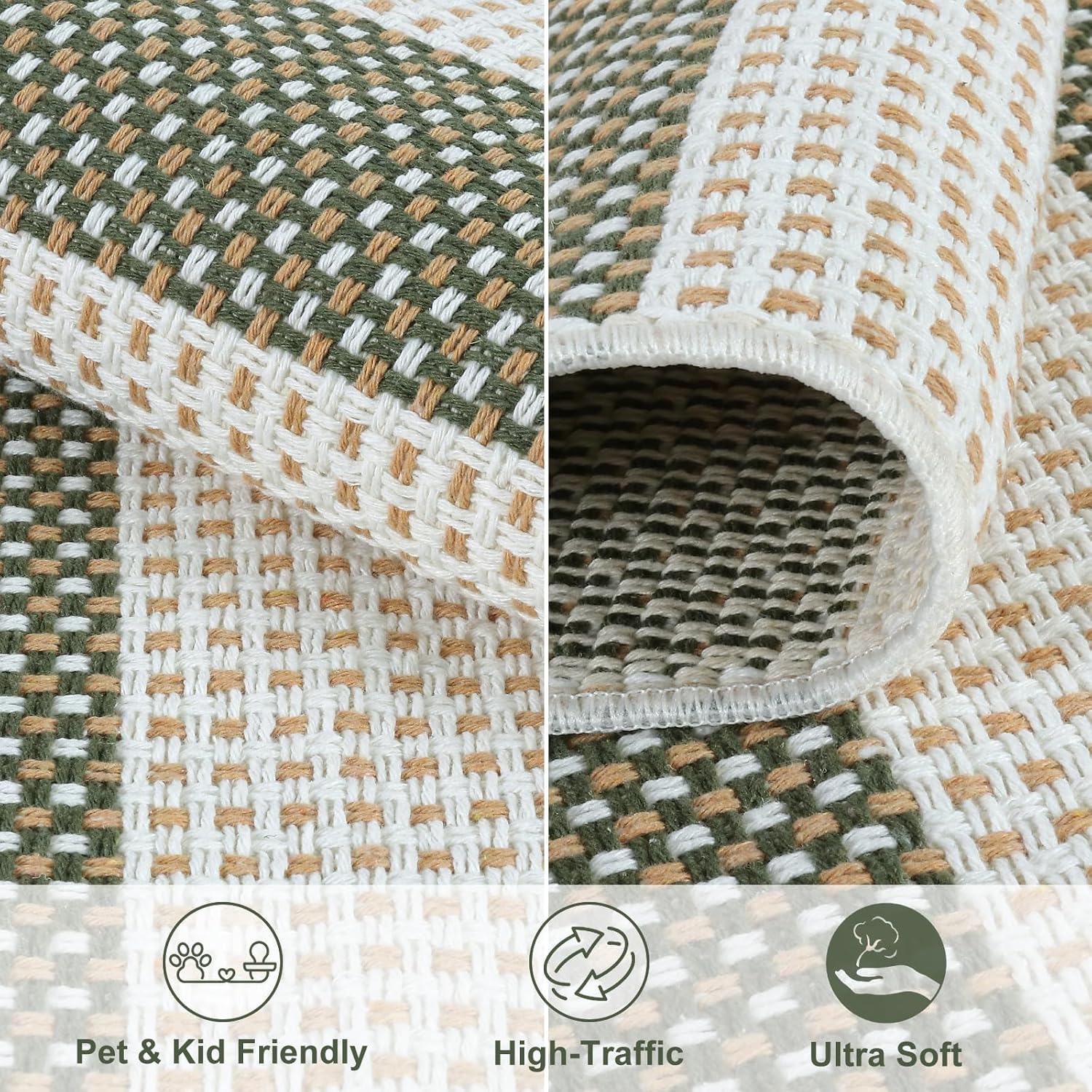 LEEVAN Outdoor Patio Rug 5x7 Striped Porch Mat, Washable Spring Balcony Rug Green and White Backyard Rug, Plaid Outside Entrance Floor Mat, Indoor/Outdoor Layered Mat for Deck/Pool/Camping/RV
