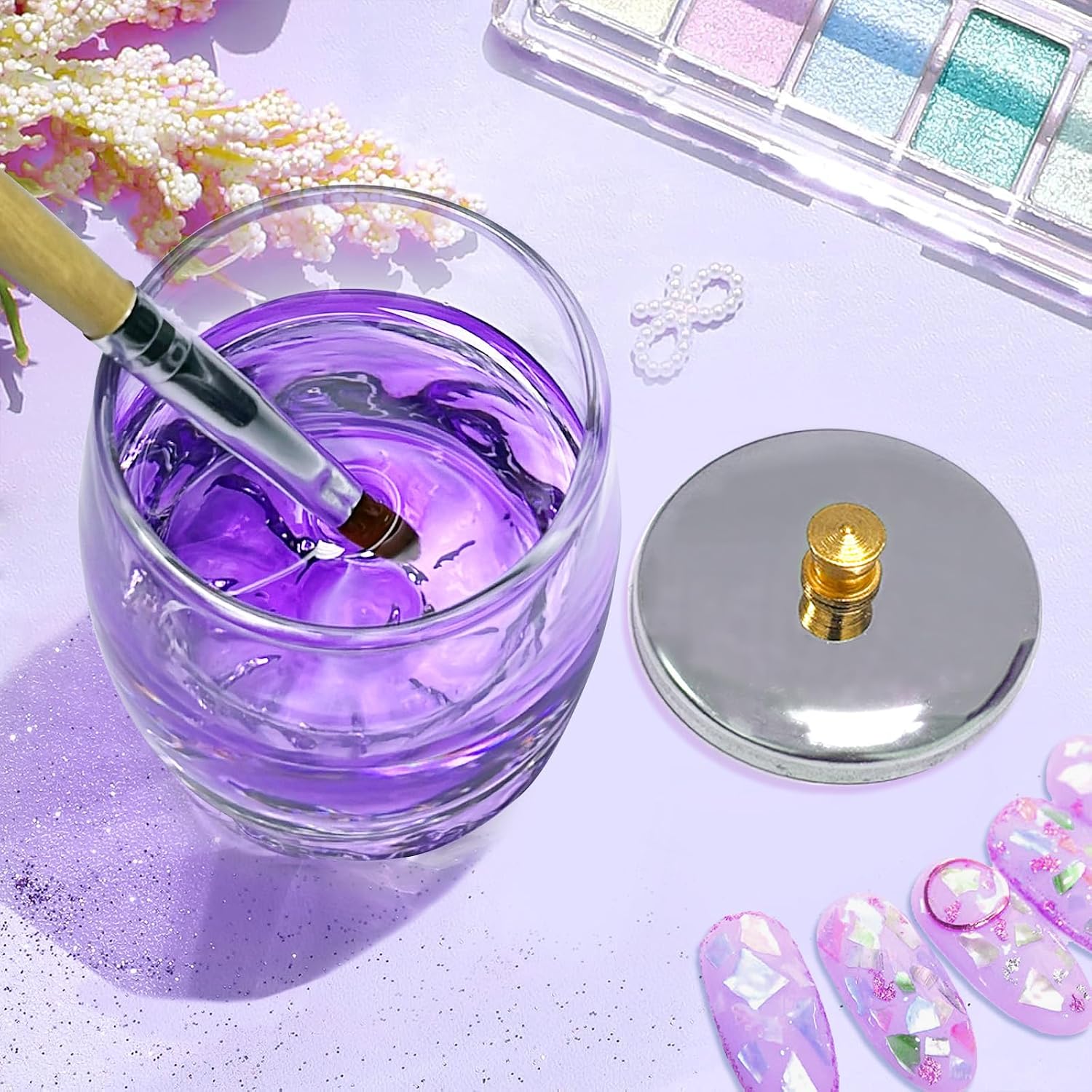 Crystal Disinfection Glass Cup Acrylic Liquid Powder Dappen Dish with Stainless Steel Metal Lid Glassware Tool For Nail Art Pack of 2 (HJ-NAPB028-2pcs)