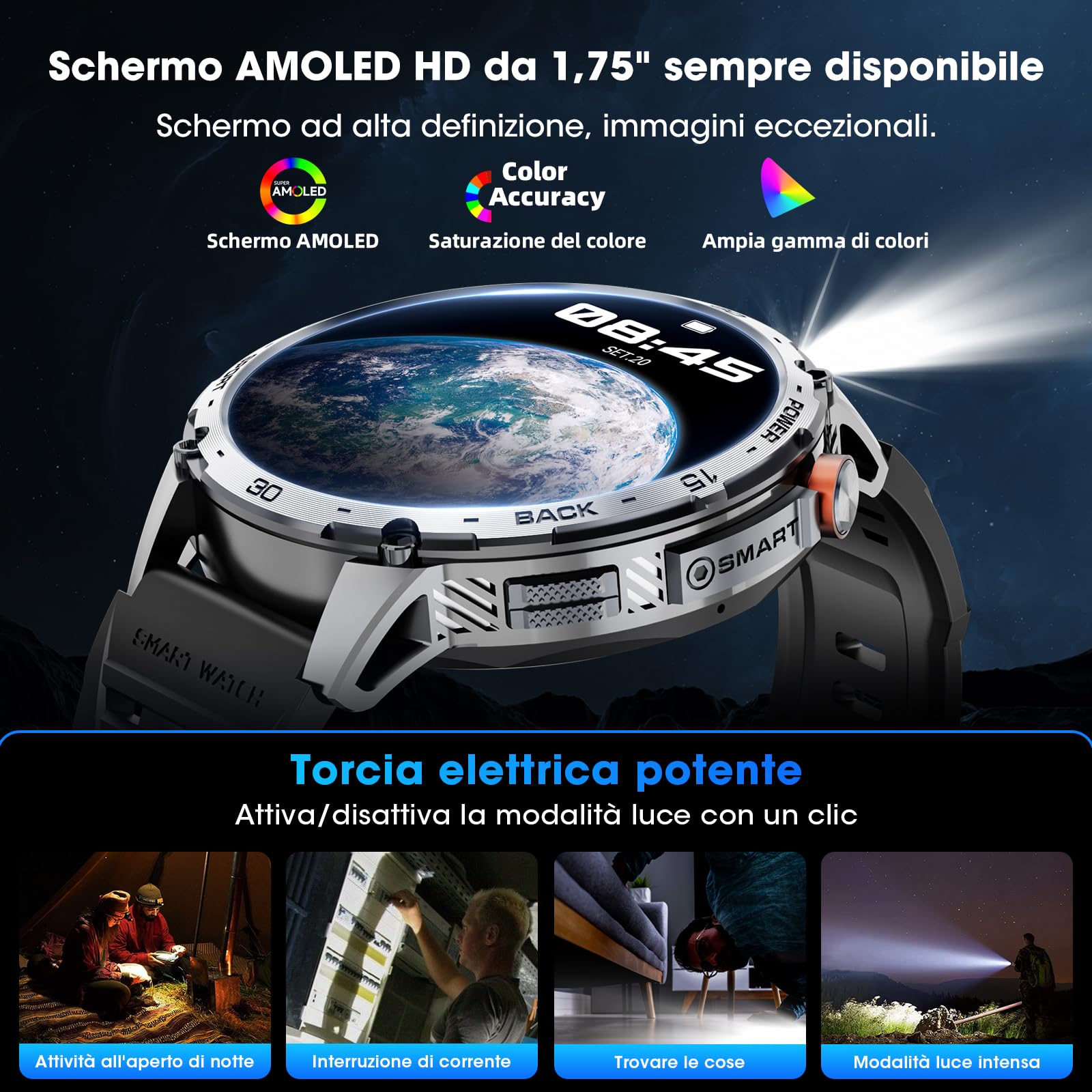 Smartwatch Uomo 1.75" HD AMOLED 730mAh Orologio Smartwatch con Torcia LED Militare Smartwatch Compatibile iOS Android (Risposta alle Chiamate Bluetooth) Smart Watch con Sonno/Cardiofrequenzimetro