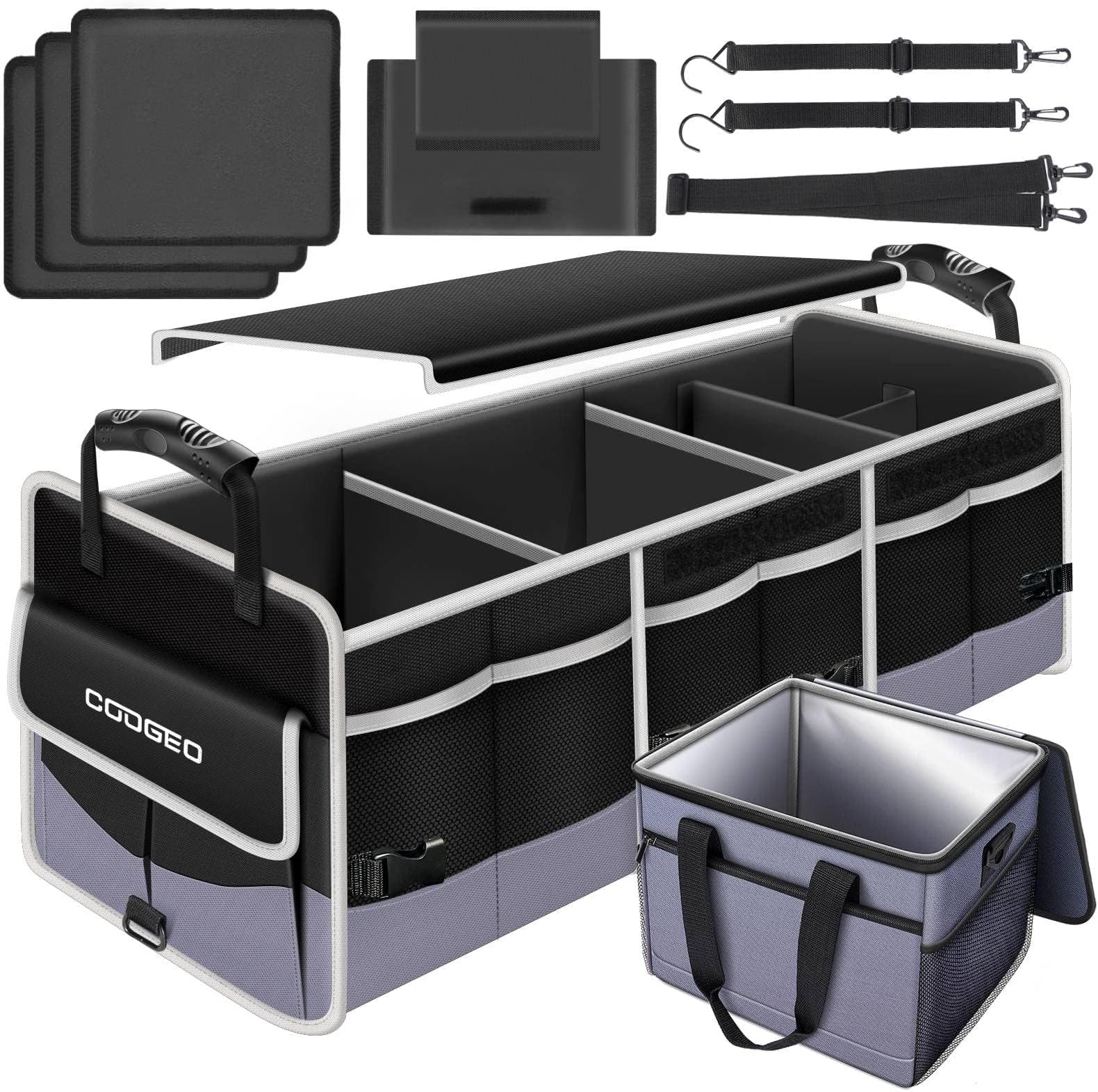 Car Trunk Organizer with Portable Leak Proof Cooler Bag, 3 Compartments Collapsible Car Organizers and Storage with Foldable Cover, Christmas Gifts, Suitable for SUV, Auto, Truck, Minivan
