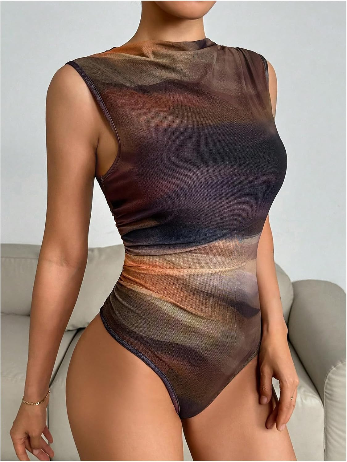 OYOANGLE Women's Tie Dye Sleeveless Mesh Bodysuits Cowl Neck Ruched Party Going Out Body Suit Tops