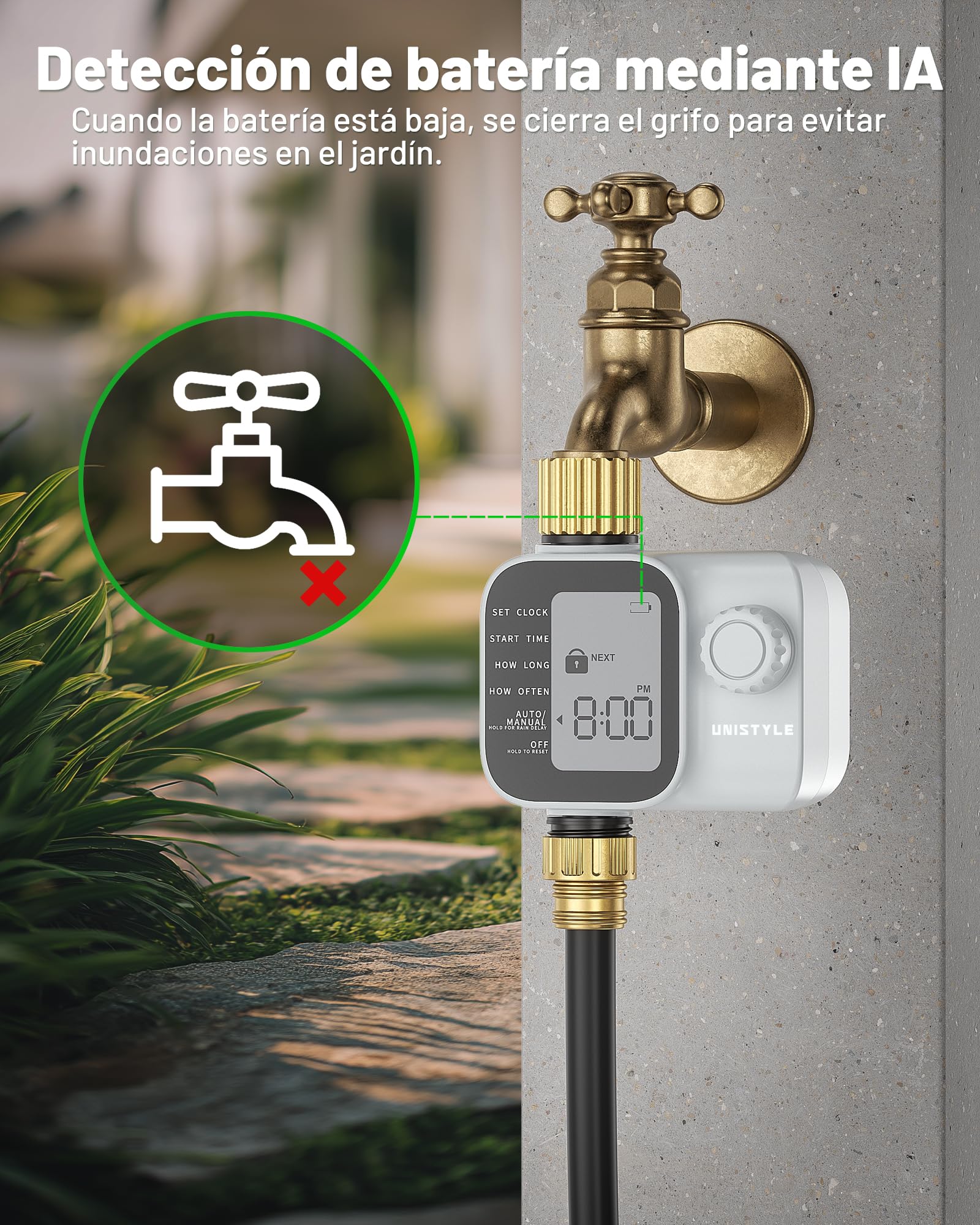 Programador de riego Unistyle | Nueva Edición 2026: Temporizador Riego Automático del Jardín, Manejo Sencillo e Intuitivo, Conexión de Latón de Alta Resistencia, Programas de Riego Flexibles