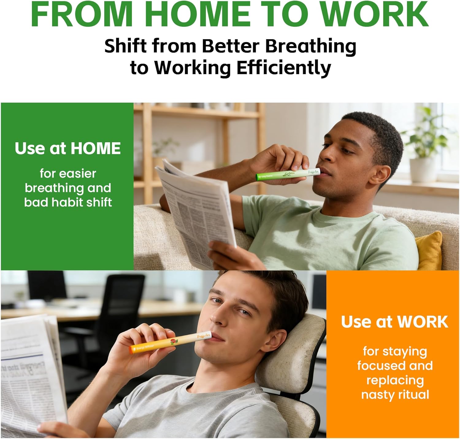 Herbal Diffuser Duo, Detox and Energy Diffuser Pens with Extract of Mullein and Natural Caffeine, 100% Natural Swap, Home & Work Duo, 600 Uses Each