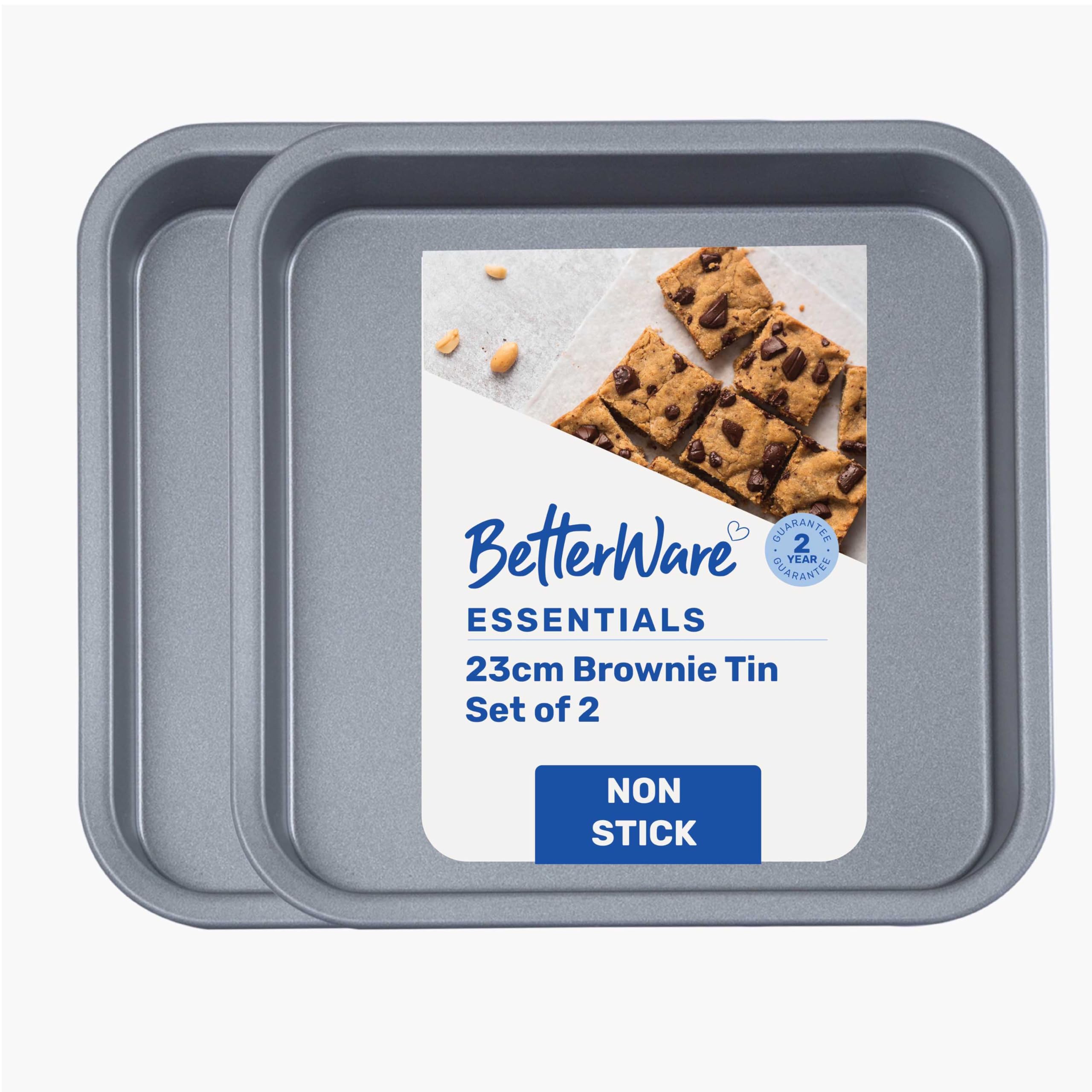 BetterWare Essentials 2 x 23cm Non-Stick Brownie Tins | Low-Carbon Steel Brownie Pans | Dishwasher & Freezer Safe | Stackable Design