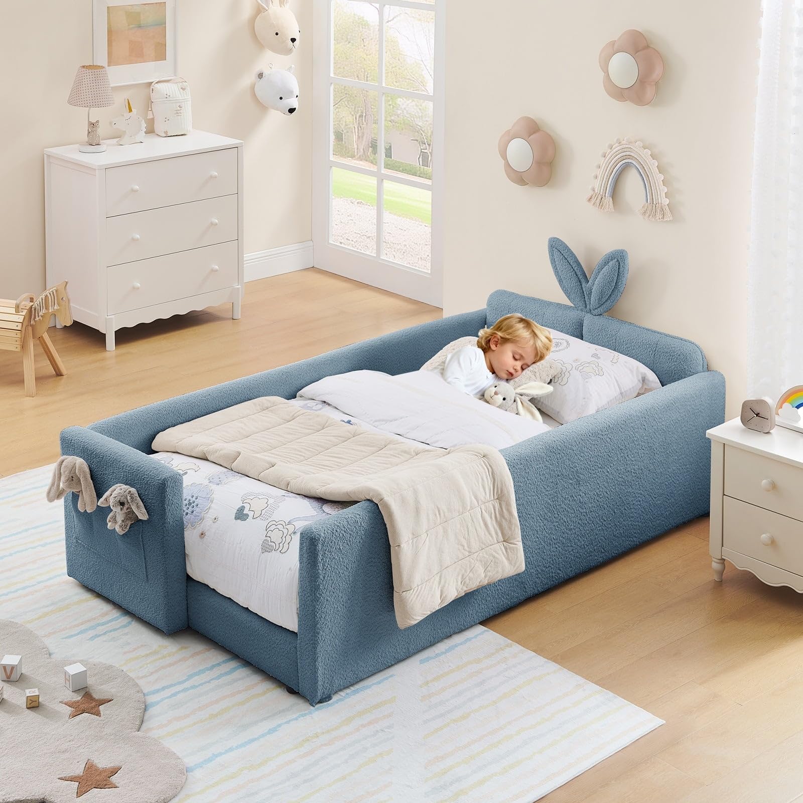 twin size platform bed frame, upholstered daybed frame floor bed with safety rails and storage pocket, bunny rabbit ear shaped headboard for teens boys girls (blue)