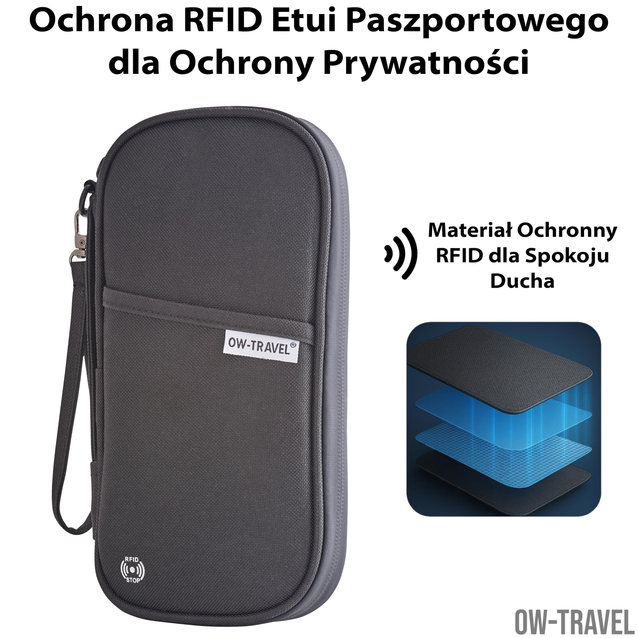 OW-Travel Etui na Paszport i Dokumenty (czarny) z ochroną RFID. Pojemne etui na paszport 4 paszporty na bilety lotnicze. Dołączone paski na nadgarstek i szyję bez użycia rąk