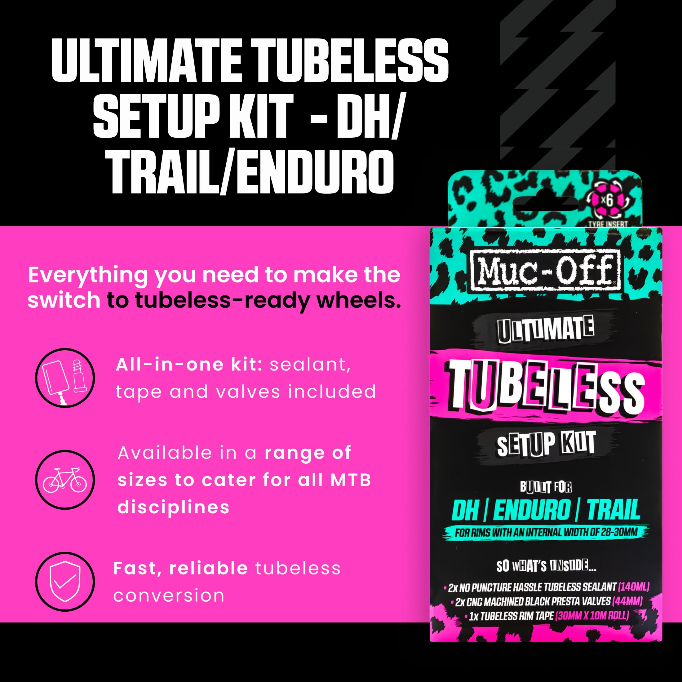 Muc-Off Kit Tubeless Completo per Biciclette Tubeless Ready, DH/Enduro - Include Nastro Tubeless, Pezze Riparazione Tubeless, Valvole Tubeless e Liquido Tubeless