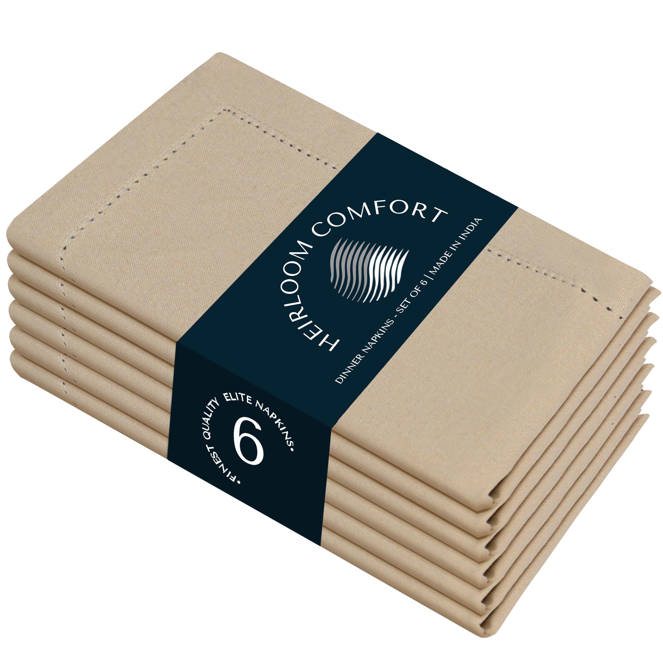 HEIRLOOM COMFORT Beige Cloth Napkins Set of 6, 18 x 18 Inch - Soft, Absorbent, Durable, Reusable, Washable - Hemstitch Mitered Edges - Perfect Hotel Quality Napkin for Dinner, Weddings, Holiday Décor