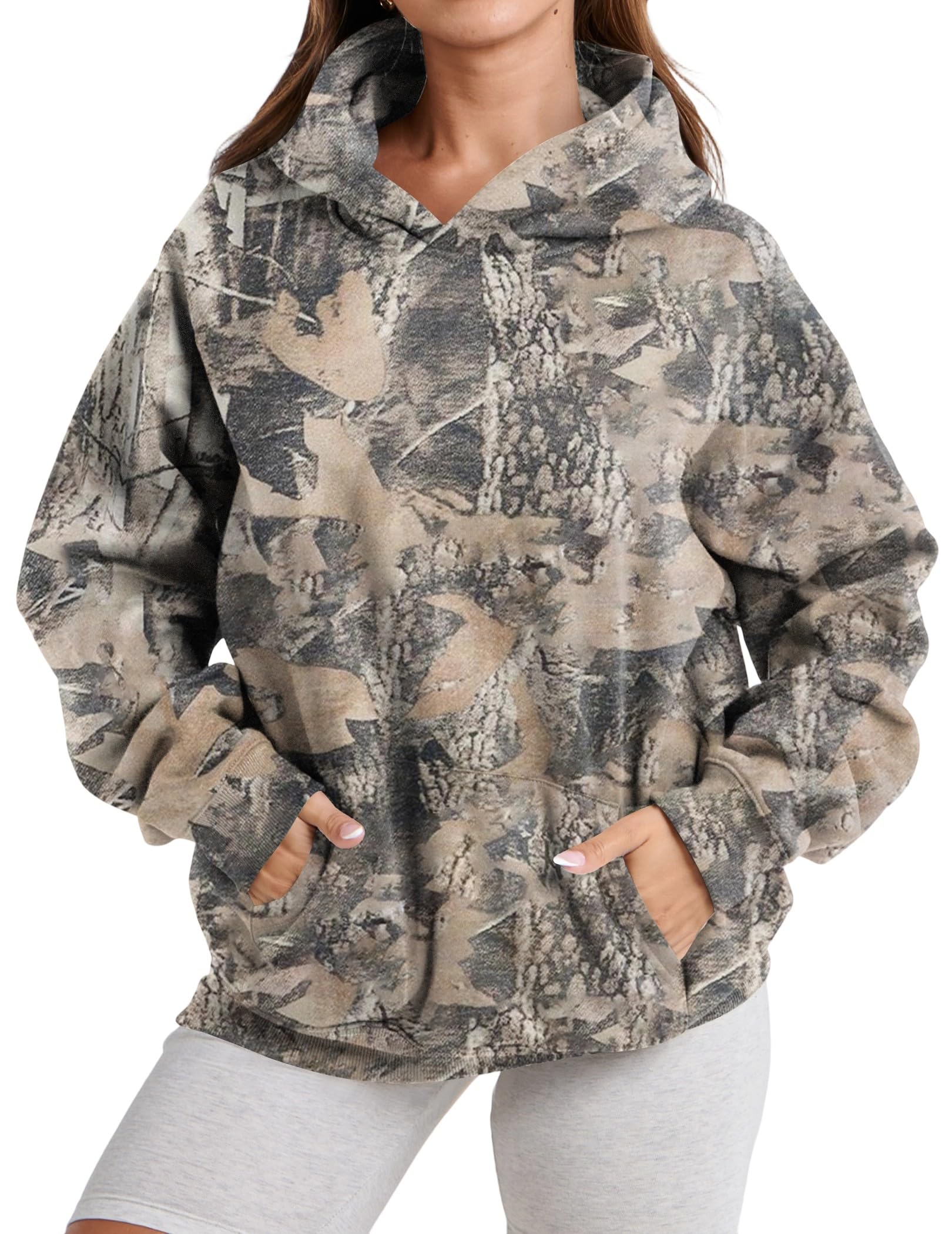 Ziesexy Womens Camo Hoodies Maple Leaf Print Oversized Hooded Pullover Shirt Fleece Long Sleeve Camo Sweatshirt With Pocket