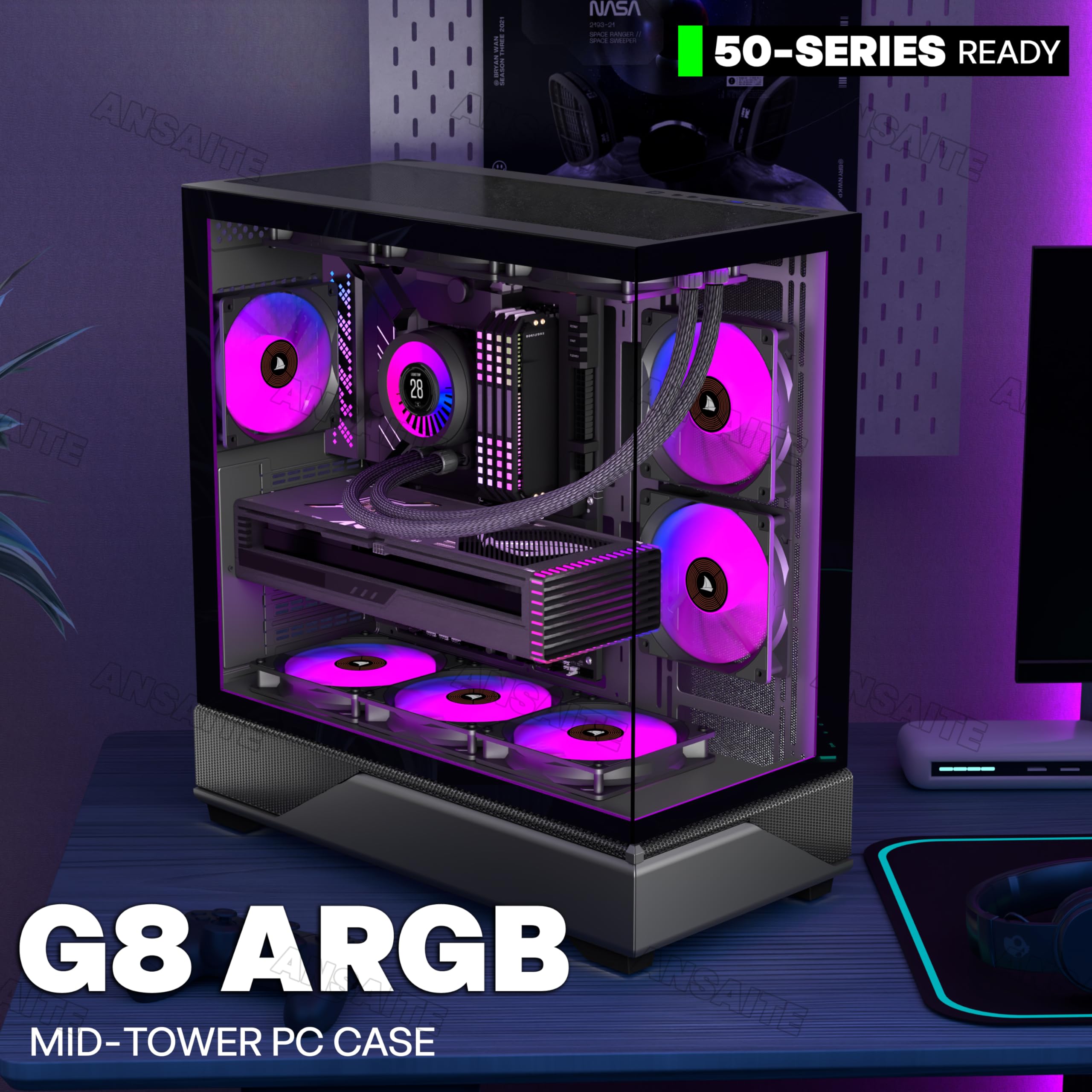 ANSAITE ATX PC-Gehäuse 6×120 mm ARGB PWM-Lüfter vorinstalliert ，Mid-Tower Gaming PC-Gehäuse, Panorama-Gehärtetes Glas Schwarz Computer-Gehäuse mit Typ-C, 360mm Radiator Unterstützung (Schwarz)