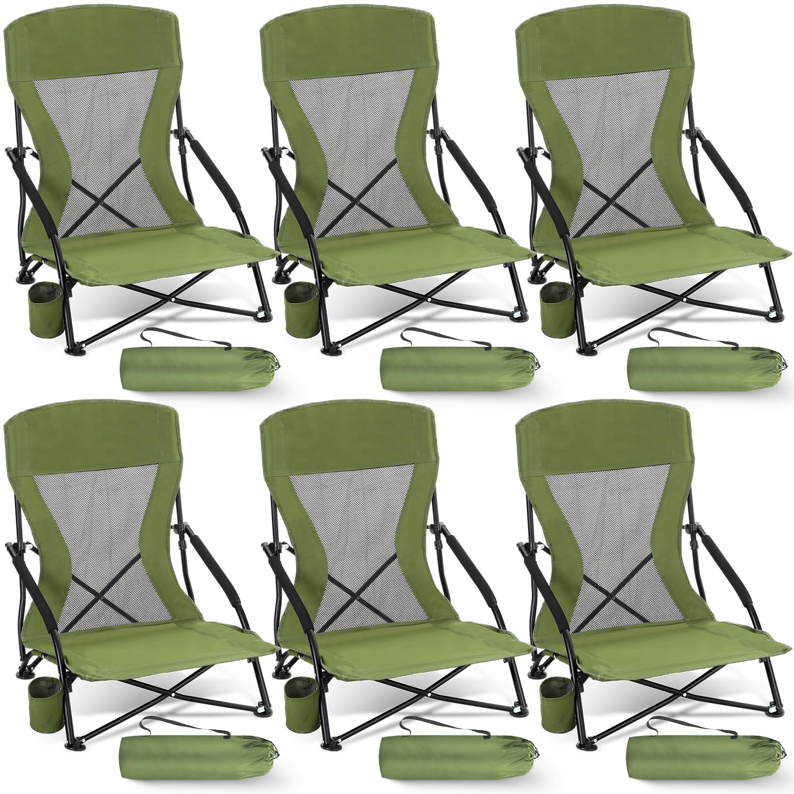 6 Pcs Portable Folding Beach Chair for Adults Lightweight Sand Chair Mesh Back Camping Chair Low Seat Lawn Chair with Cup Holder & Carry Bag for Outdoor Sand Lawn Travel Picnic Festival Concert