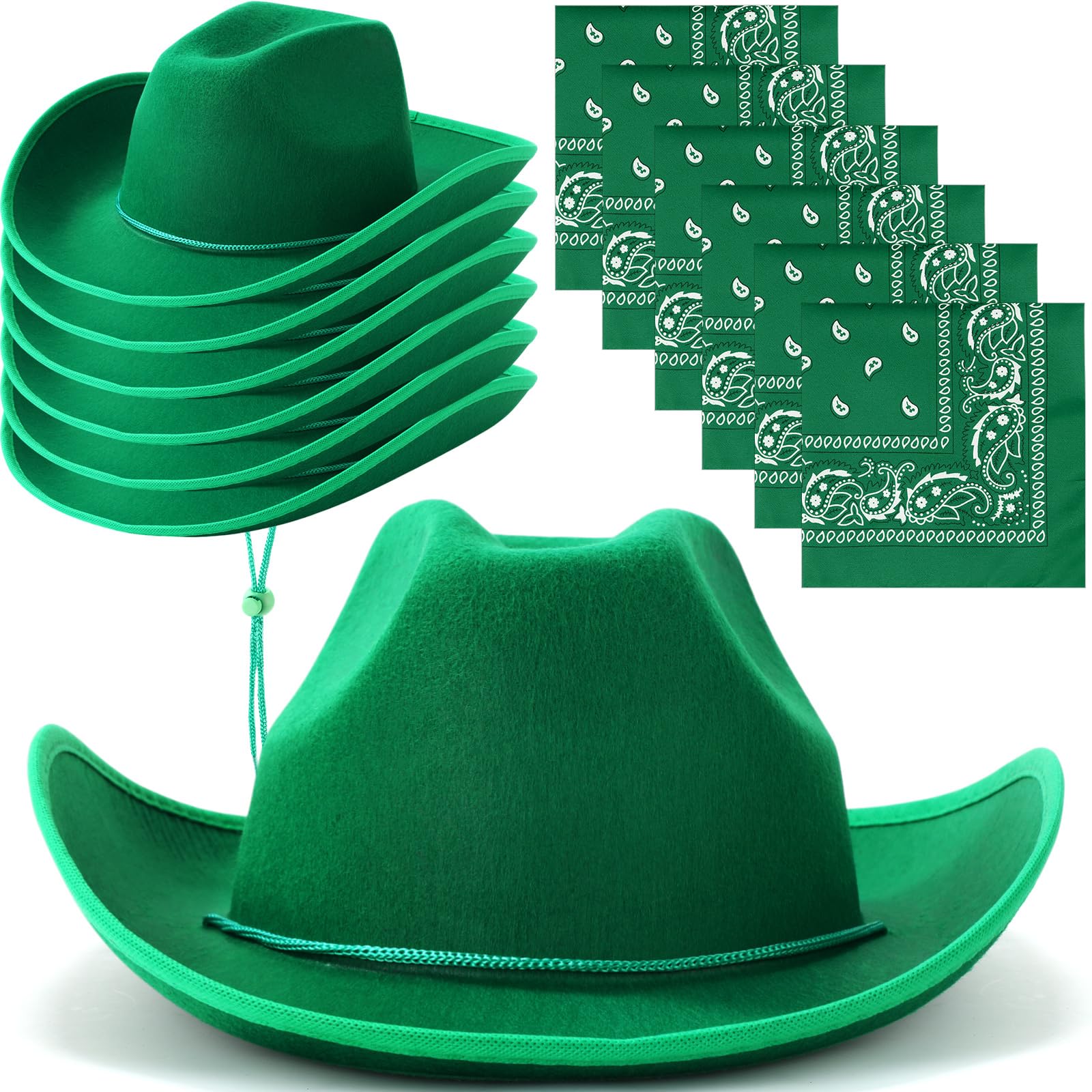 Coume 12 Pcs Cowboy Hats with Bandanas, Bulk Adjustable Felt Western Cowgirl Hats for Women and Men, Western Party Favors, Green, 14.96 x 13.39 x 4.53 inches