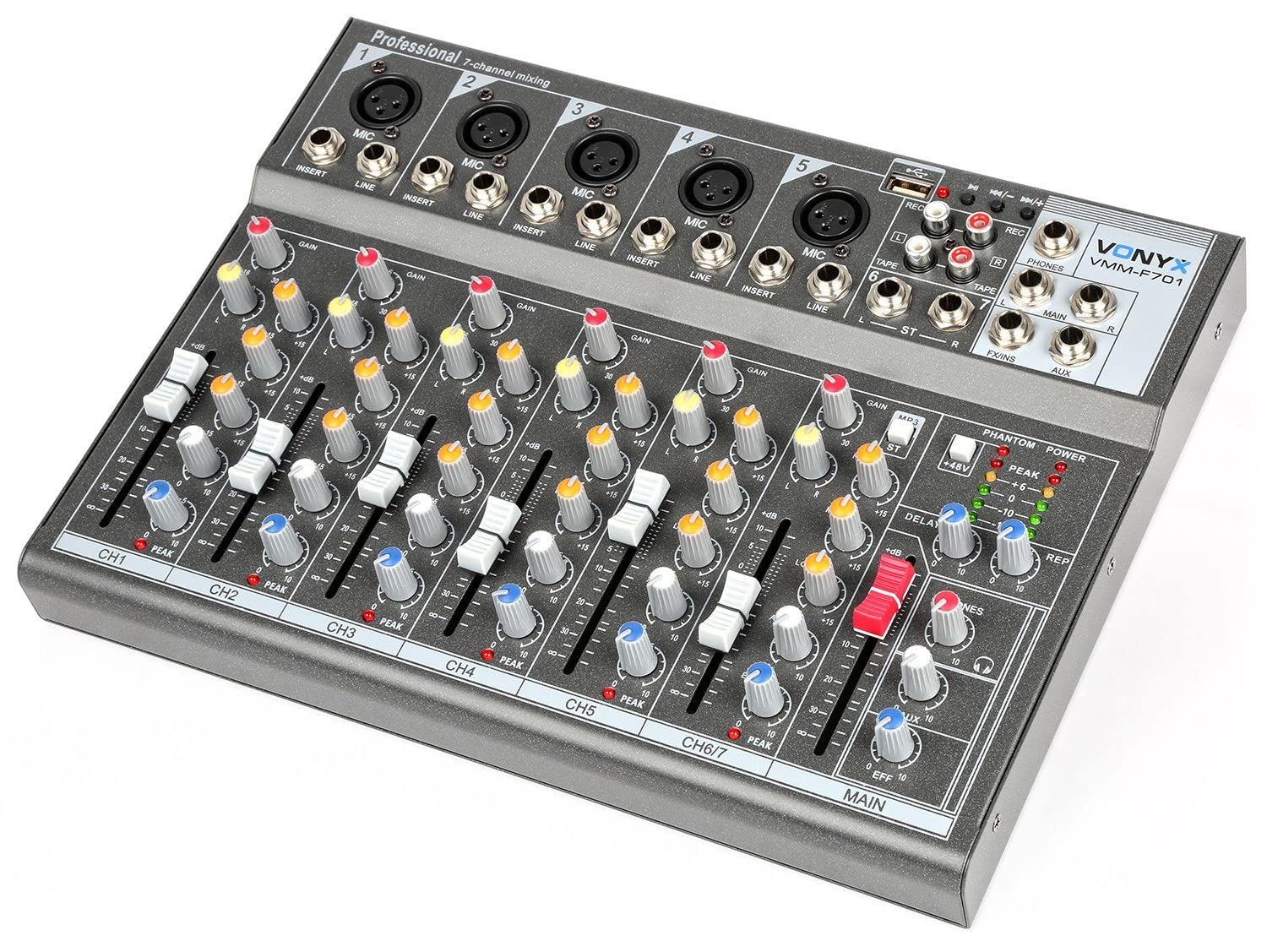 Vonyx VMM-F701 Mesa de mezclas de 7 canales con USB, 5 entrada de micrófono jack/XLR, 2 entradas jack, salida máster con Jack, Bluetooth, phantom +48v, salida de auriculares, efecto delay