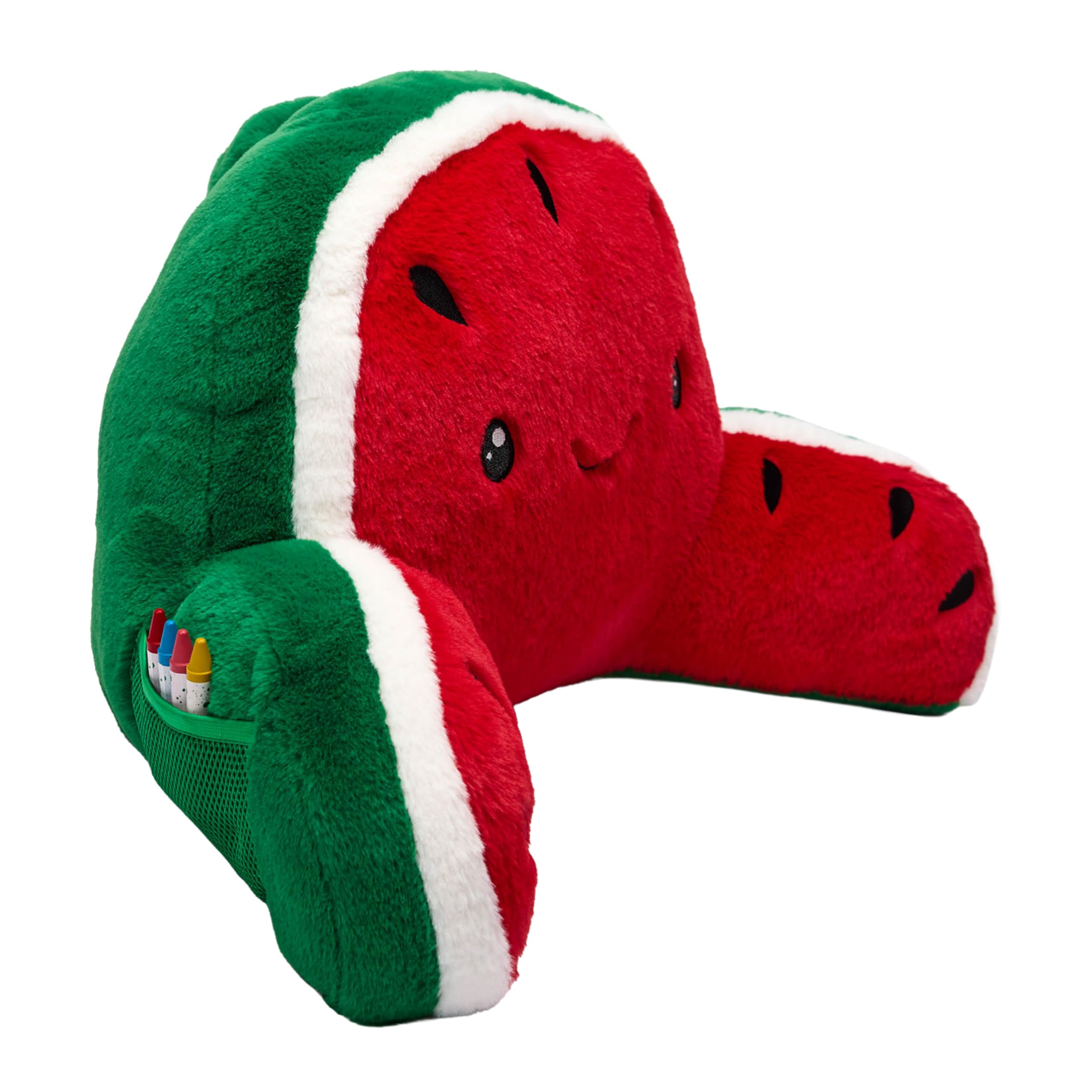 Snuggz Watermelon Cuddle Cushion with Side Pocket 59x36cm Age 12m+ Lightweight Kids Plush Backrest Pillow with Supportive Arms Super Soft Sherpa Reading Cushion for Gaming Soft 3D Ears & Carry Handle