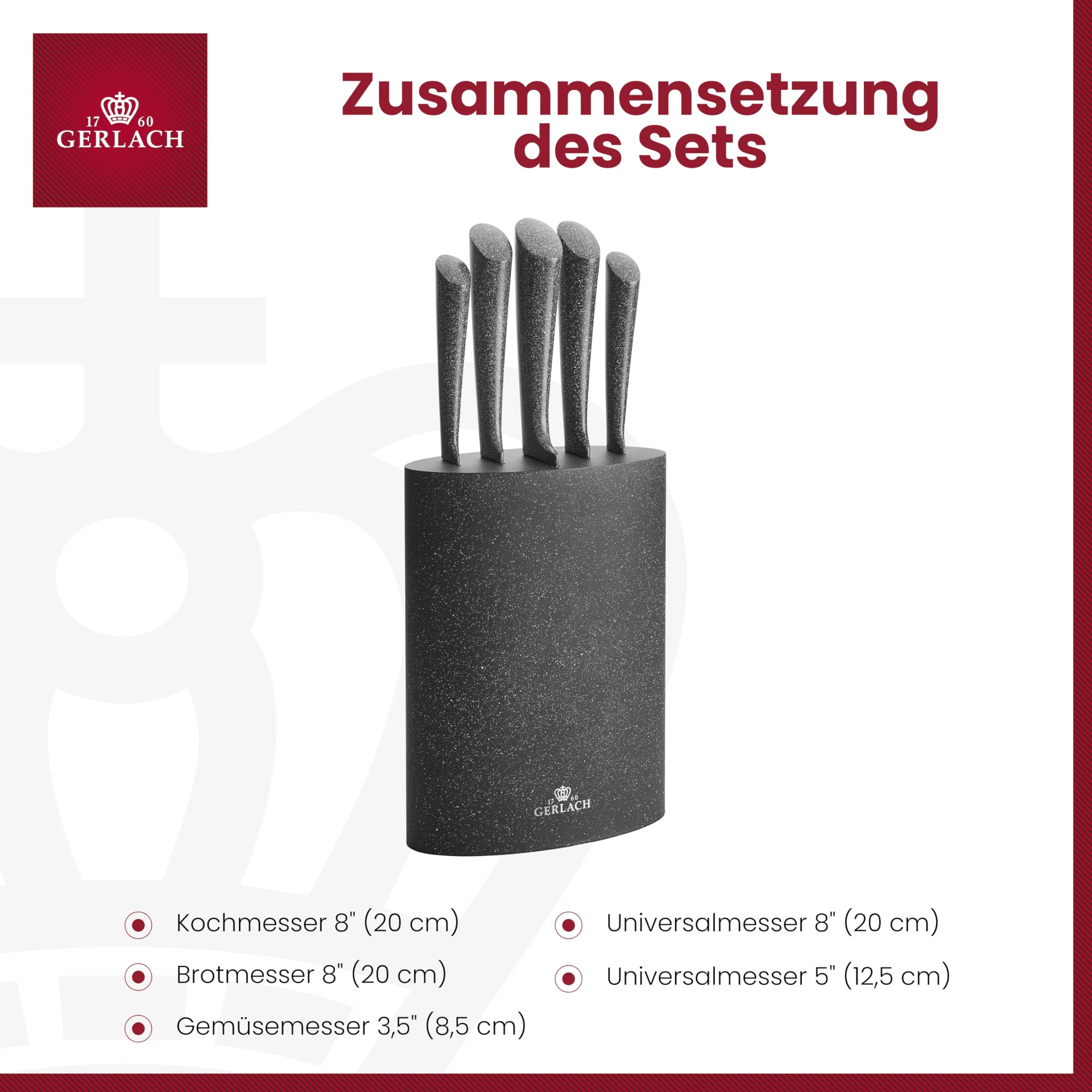 Gerlach Granitex Messerset Küchenmesserset 5 Messer aus Edelstahl Granitbeschichtet im Holzblock Küchenmesser Kochmesser Brotmesser Gemüsemesser Küche Küchenutensilien Küchenzubehör
